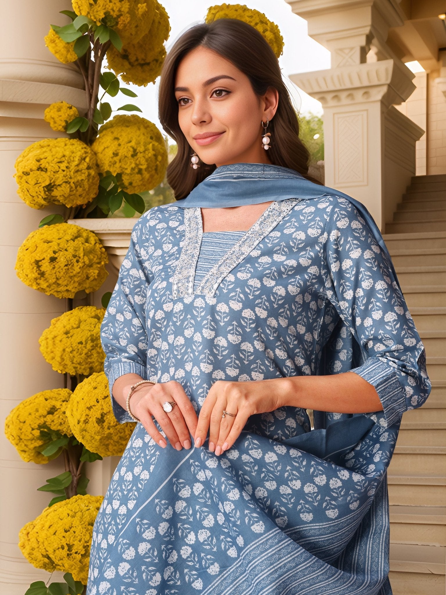 Blue Pure Cotton Kurta Set — dupatta close up — Blue Pure Cotton — Banwaree