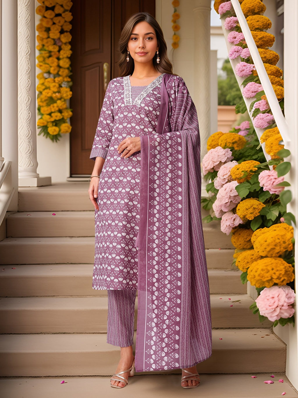 Printed Purple Kurta Set in Pure Cotton — front view — pure cotton ethnic wear women