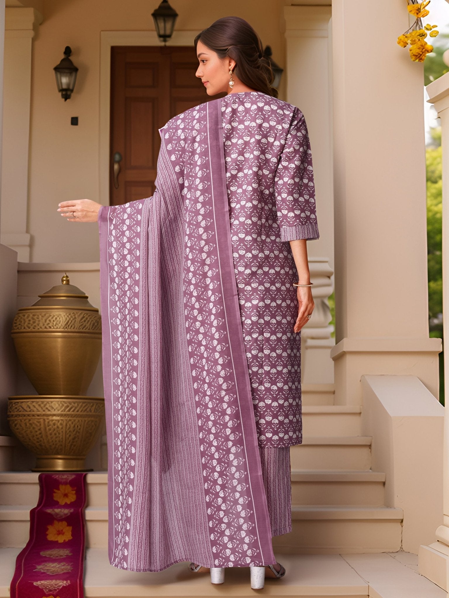 Printed Purple Kurta Set in Pure Cotton — side view — Purple Pure Cotton women — Banwaree
