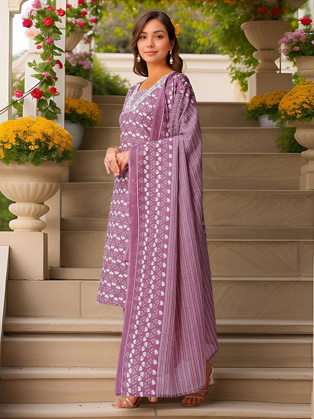 Printed Purple Kurta Set in Pure Cotton — back view with dupatta — Banwaree India