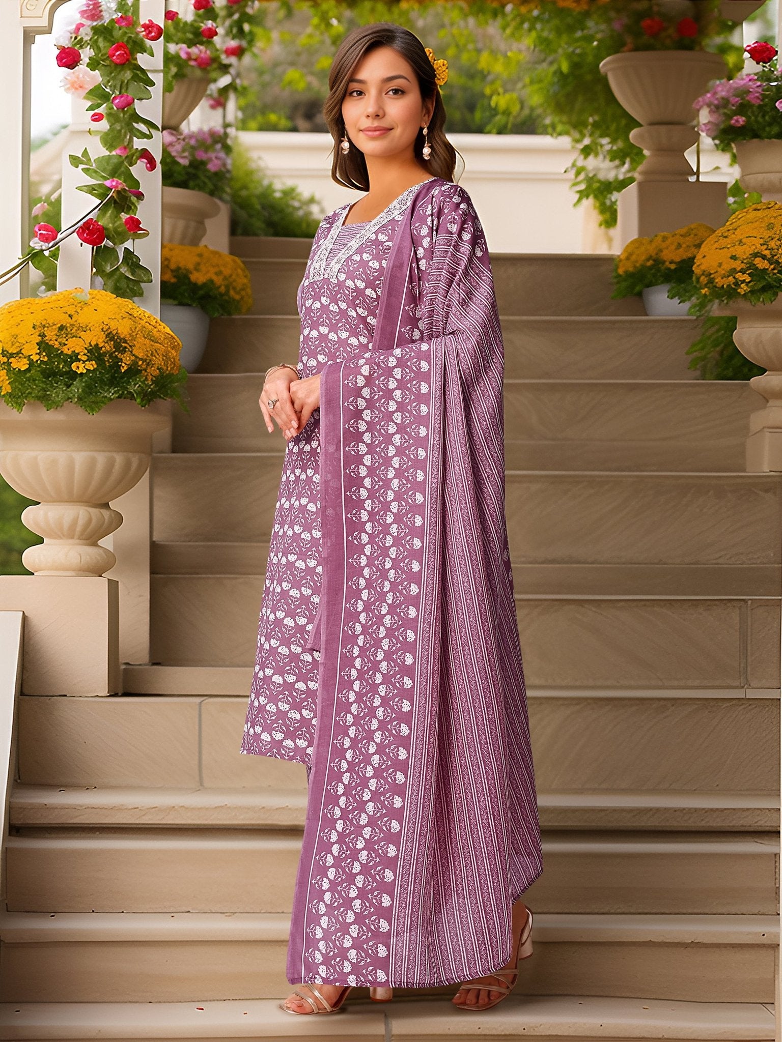 Printed Purple Kurta Set in Pure Cotton — back view with dupatta — Banwaree India