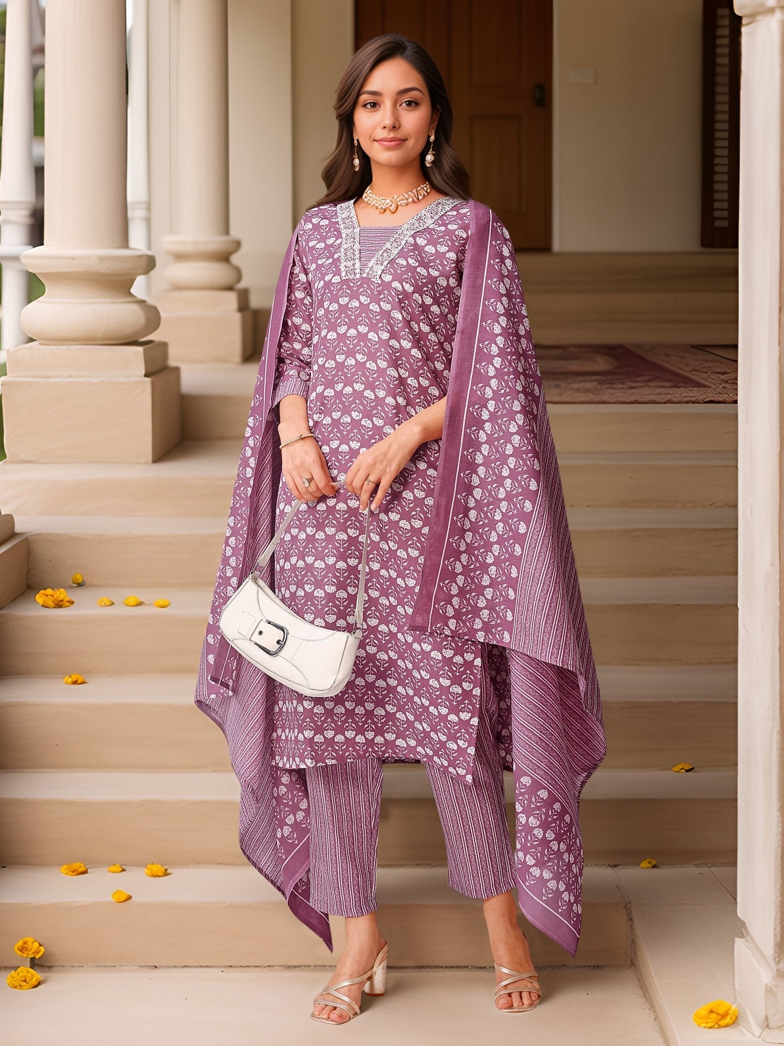 Printed Purple Kurta Set in Pure Cotton — festive styling — summer pure cotton — Banwaree