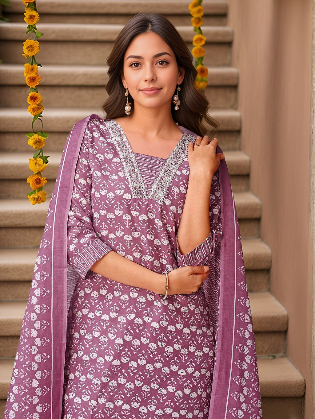 Printed Purple Kurta Set in Pure Cotton — dupatta close up — Purple Pure Cotton — Banwaree