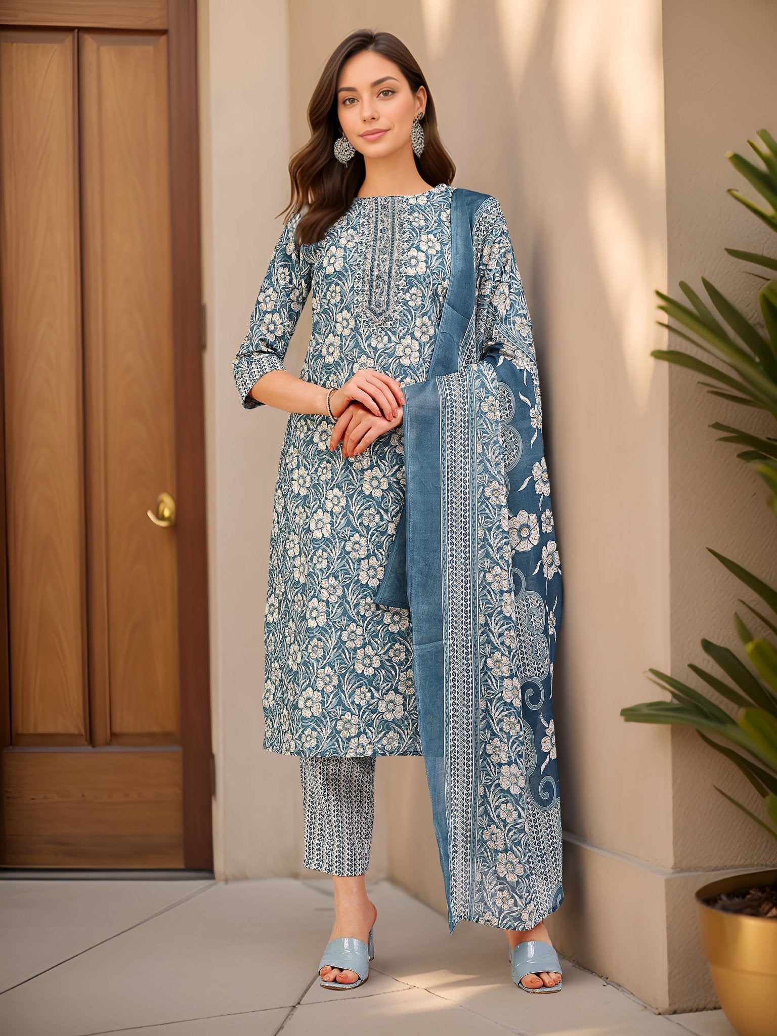 Blue Cotton Blend Straight Kurta Set — front view — pure cotton ethnic wear women