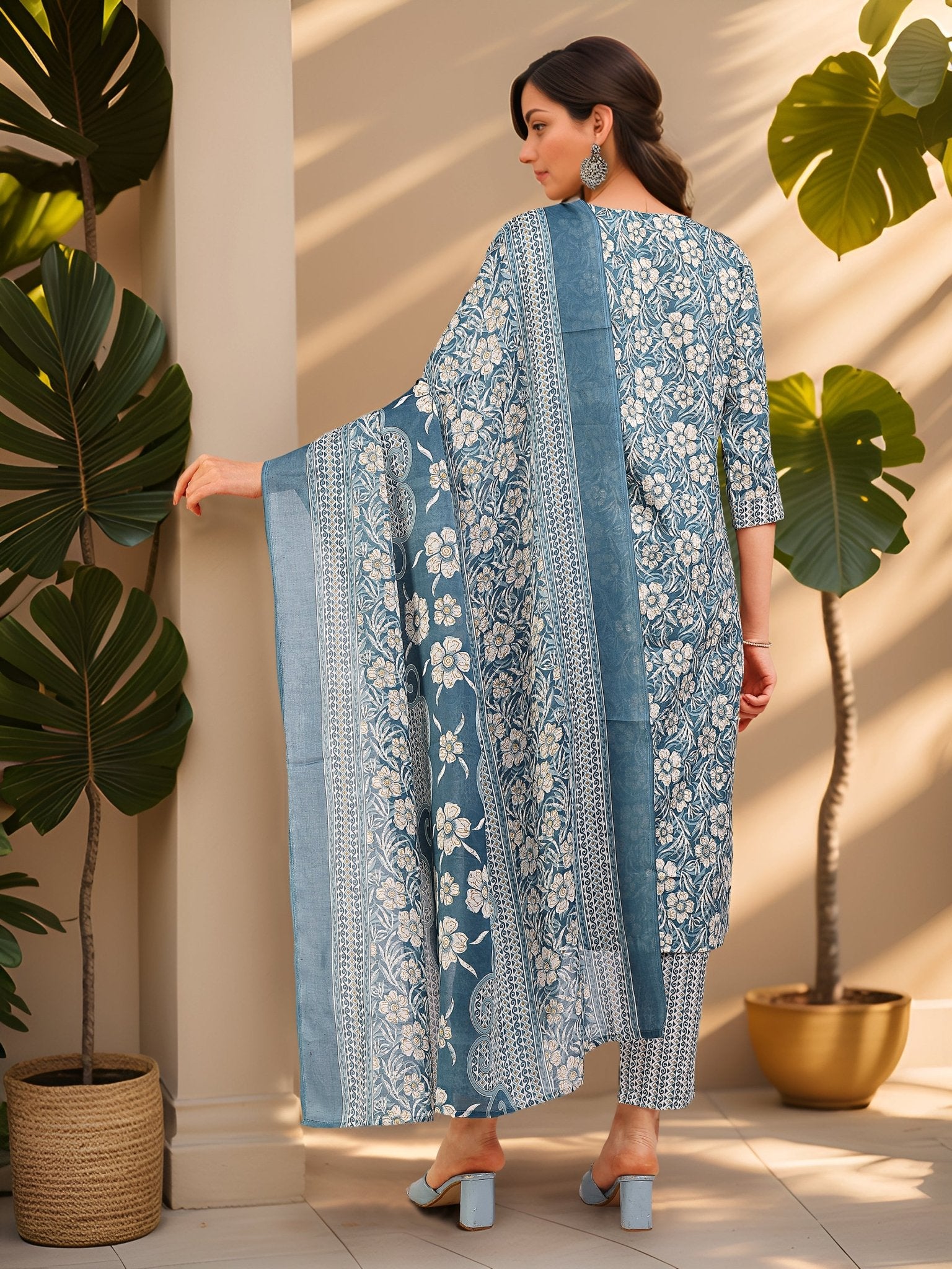 Blue Cotton Blend Straight Kurta Set — back view with dupatta — Banwaree India