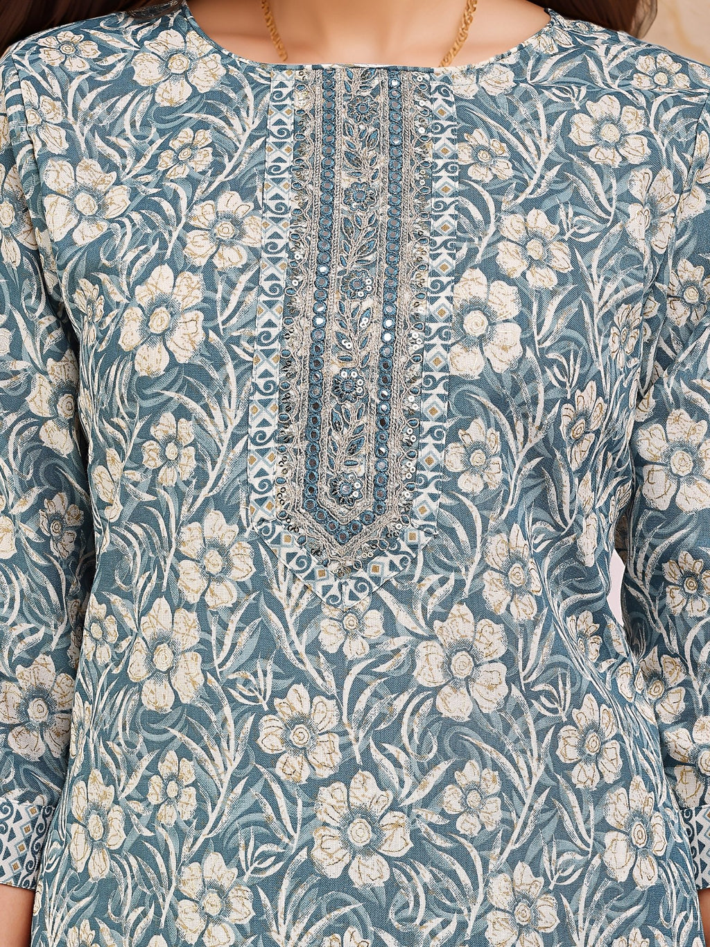 Blue Cotton Blend Straight Kurta Set — fabric detail — Blue breathable cotton blend