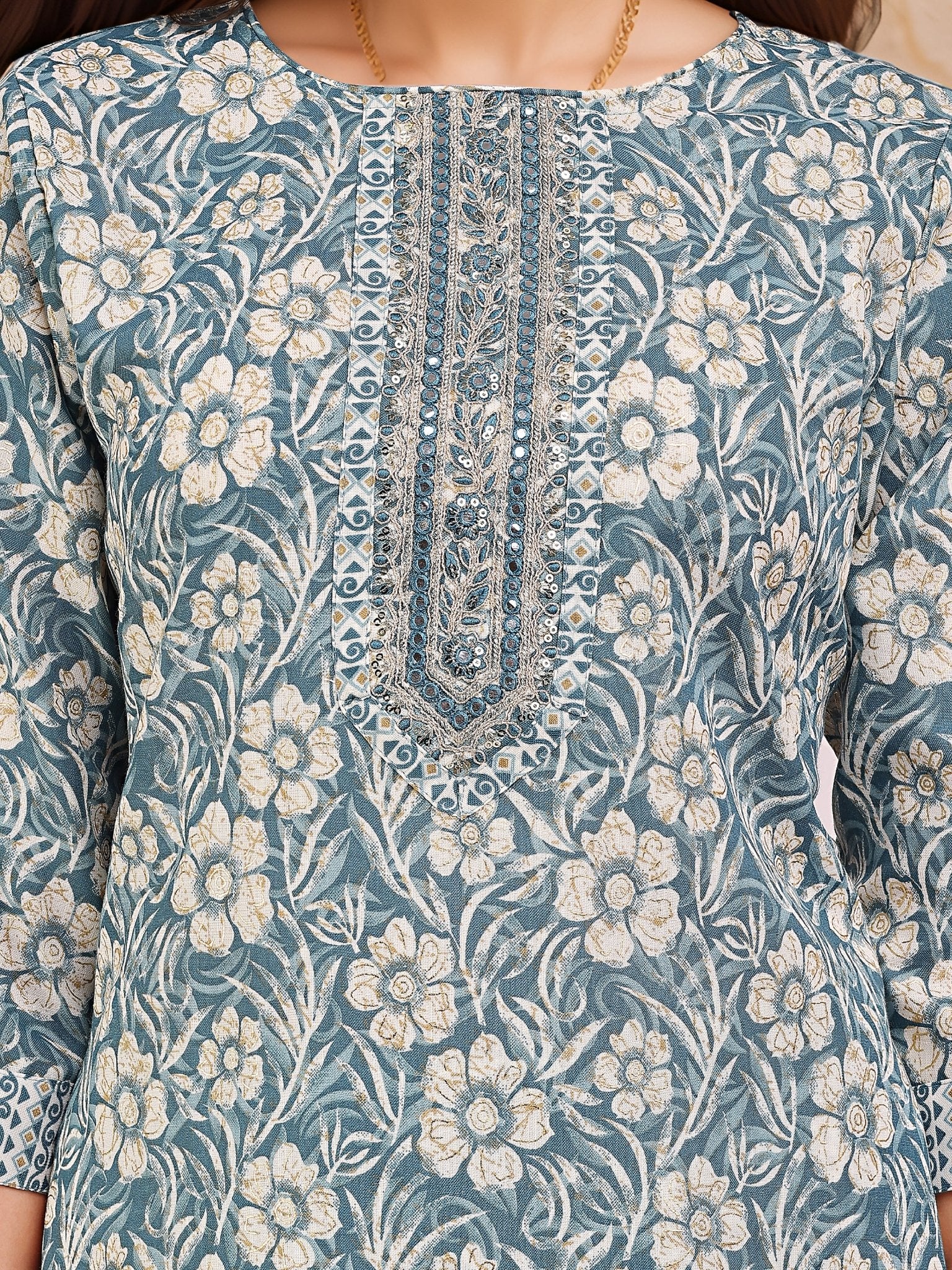 Blue Cotton Blend Straight Kurta Set — fabric detail — Blue breathable cotton blend