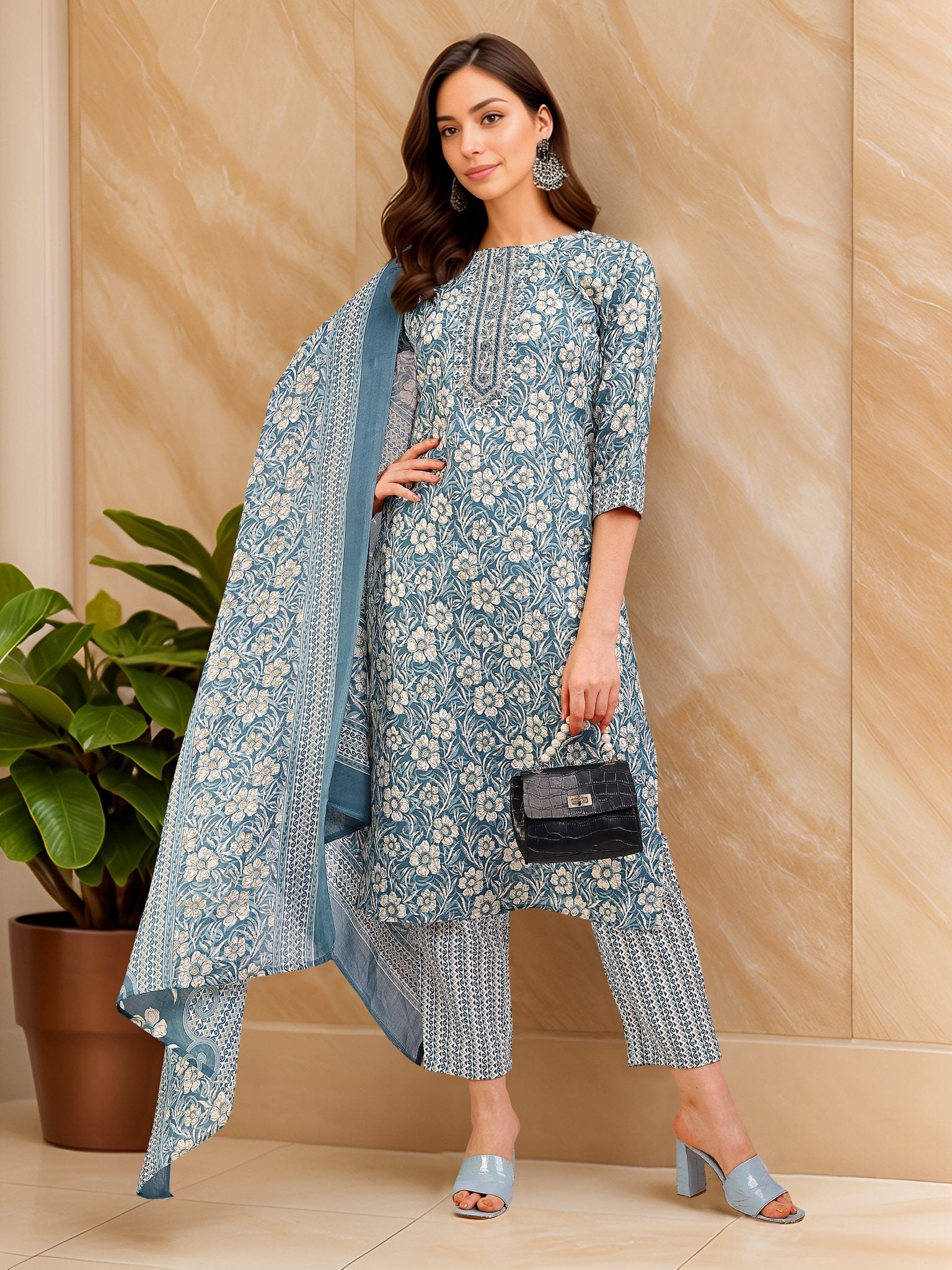 Blue Cotton Blend Straight Kurta Set — everyday styling — casual cotton blend — Banwaree