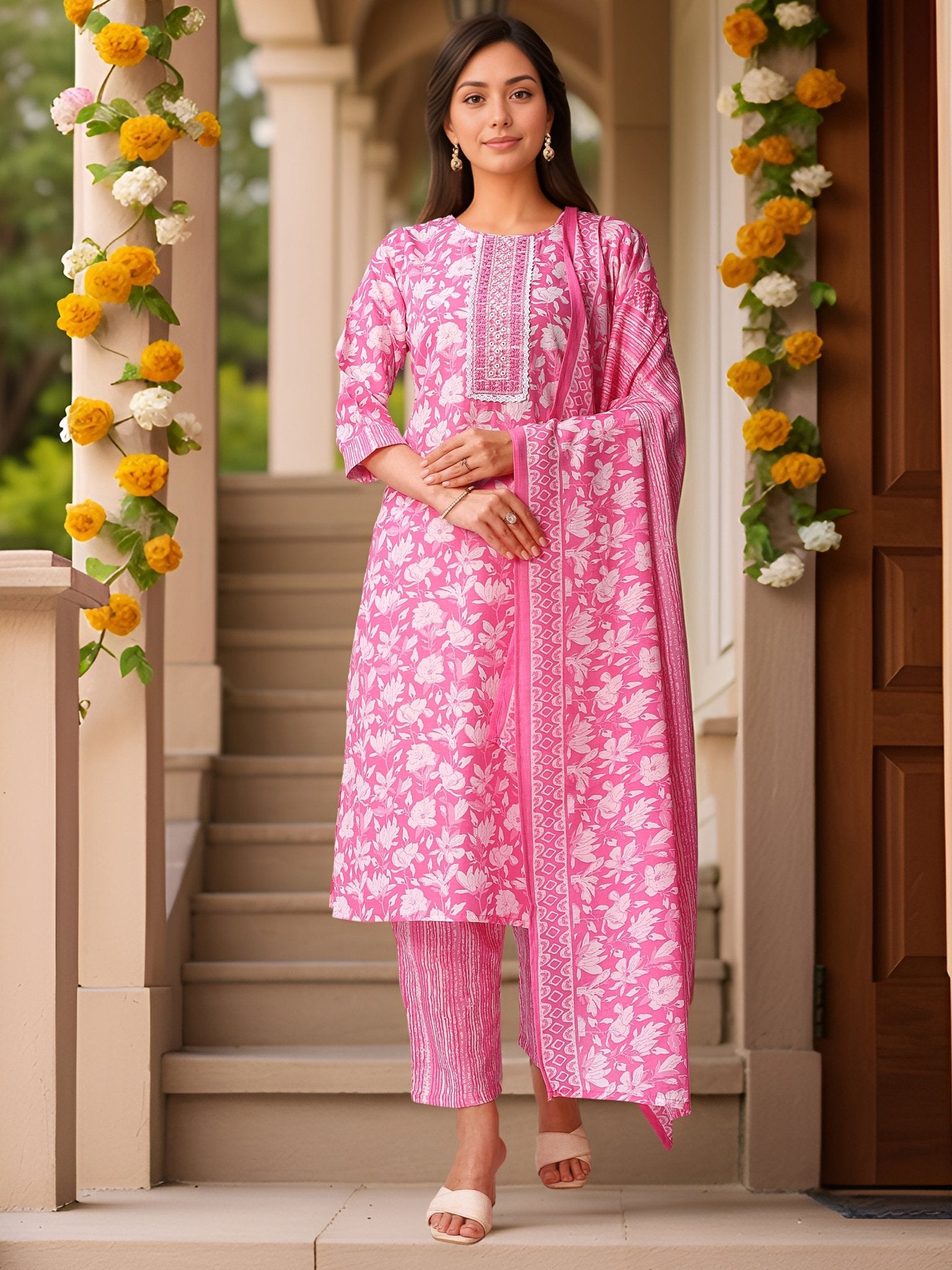 Pink Straight Kurta Set — front view — pure cotton ethnic wear women 2