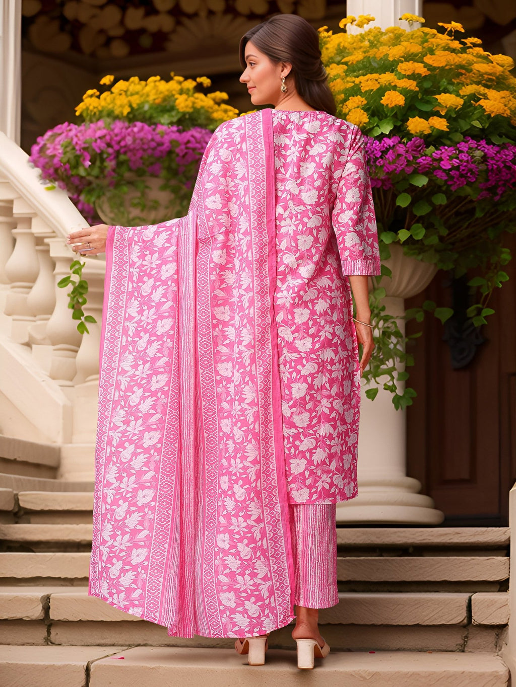 Pink Straight Kurta Set — side view — Pink Pure Cotton women — Banwaree