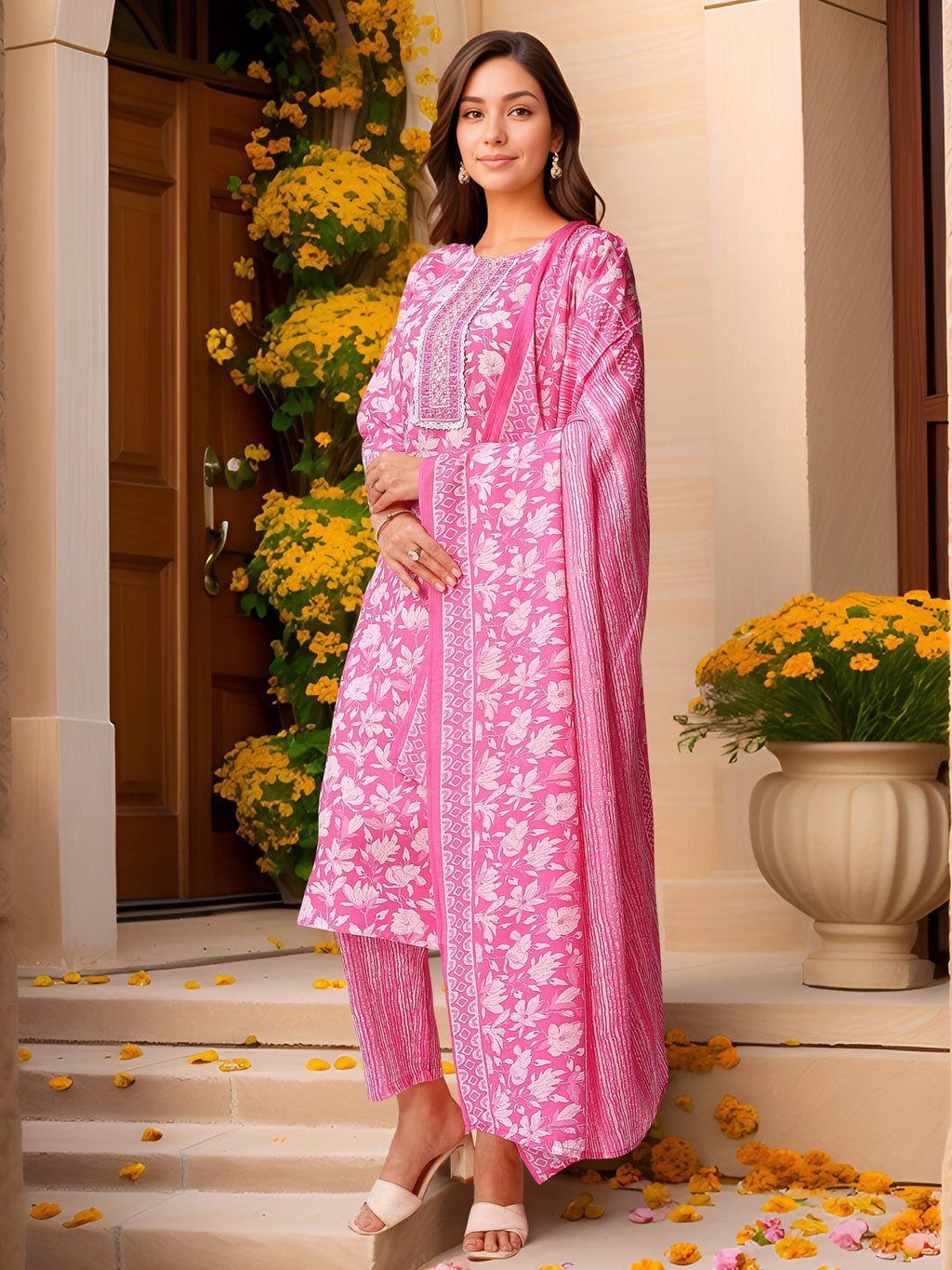 Pink Straight Kurta Set — back view with dupatta — Banwaree India 2