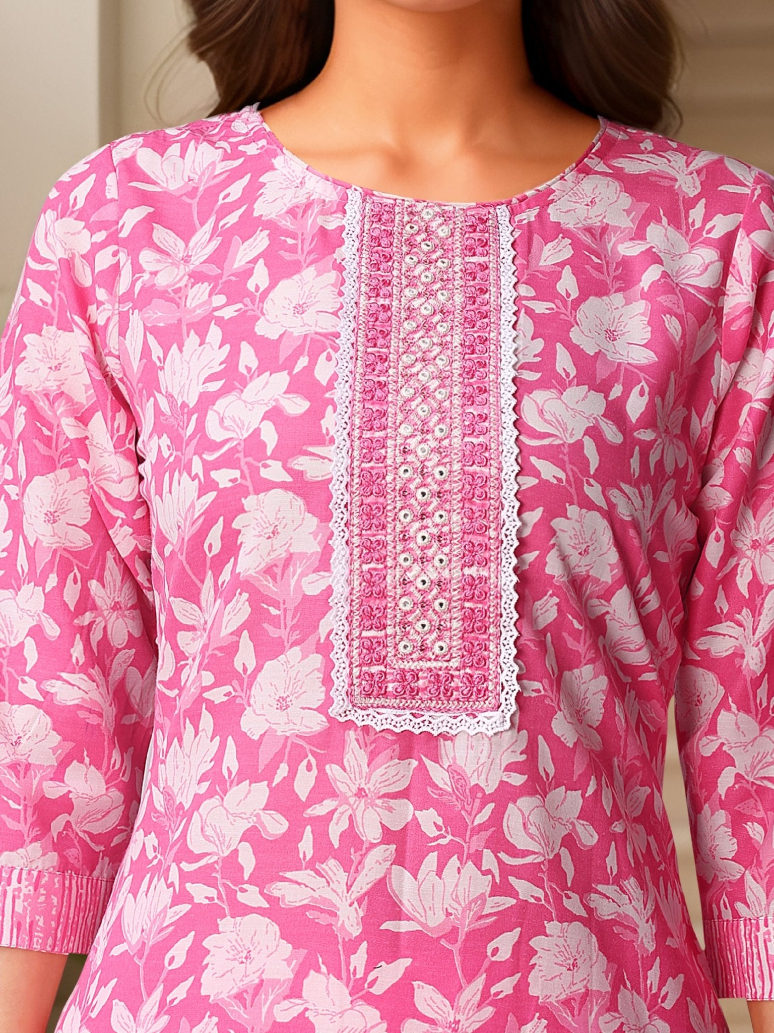 Pink Straight Kurta Set — fabric detail — Pink comfortable pure cotton