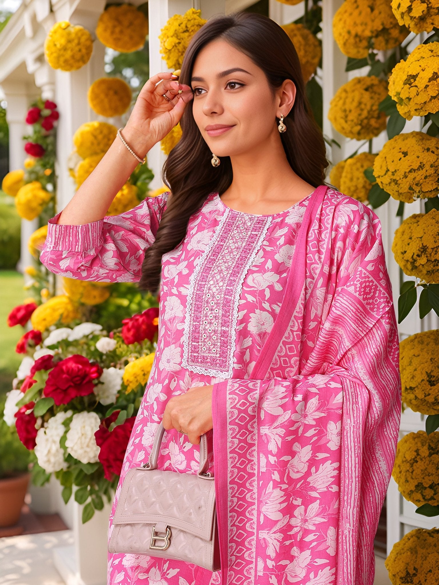 Pink Straight Kurta Set — dupatta close up — Pink Pure Cotton — Banwaree