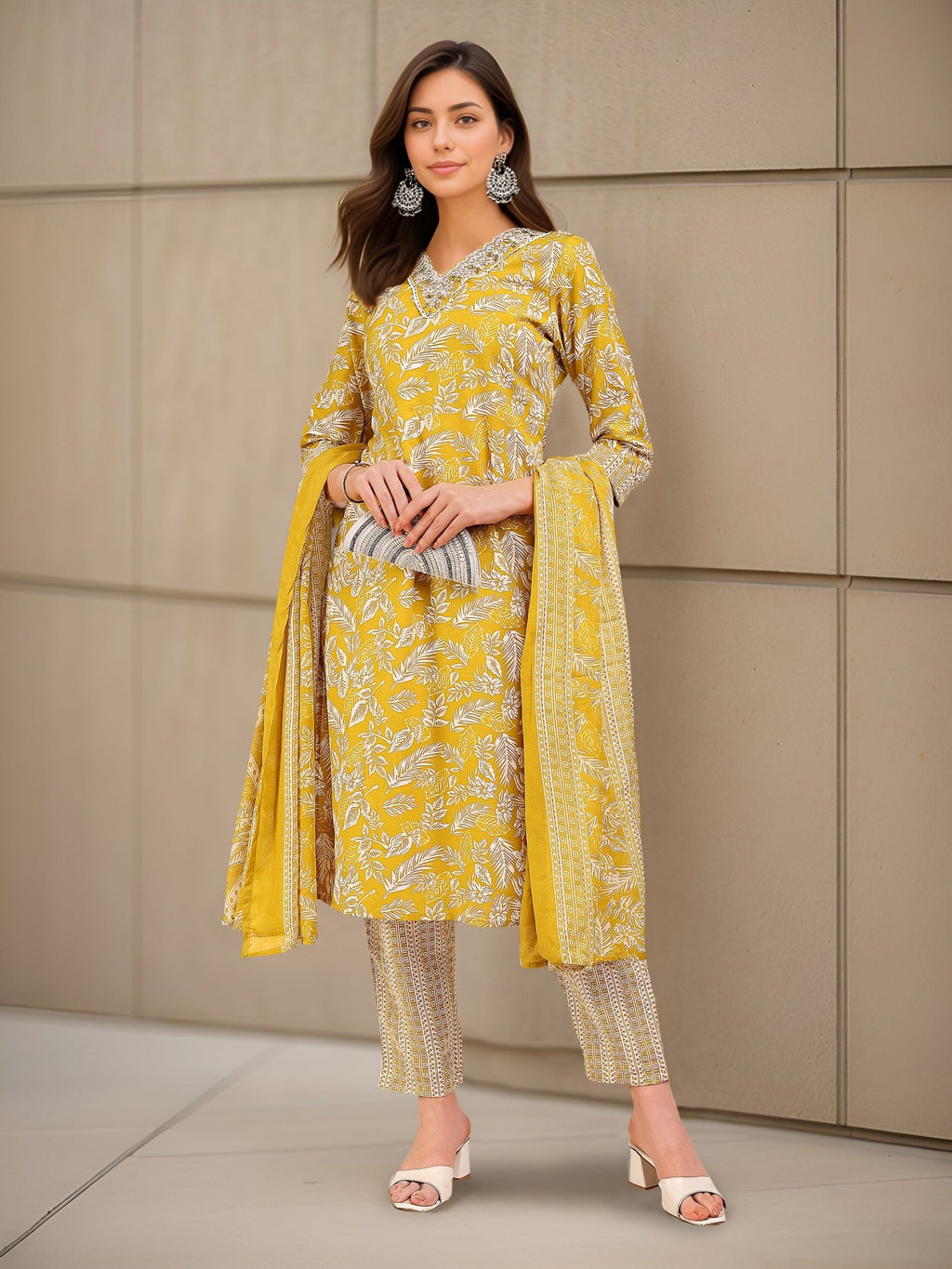 Yellow Printed Cotton Blend Ethnic Kurta Set — front view — pure cotton ethnic wear women