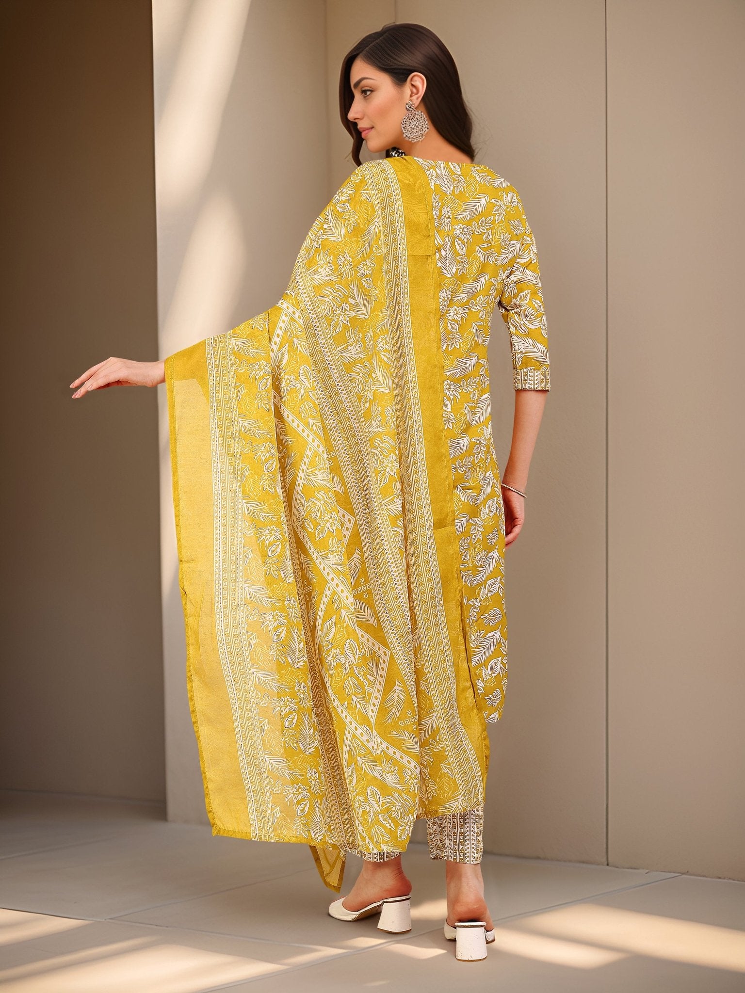 Yellow Printed Cotton Blend Ethnic Kurta Set — back view with dupatta — Banwaree India