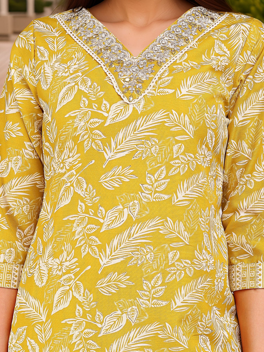 Yellow Printed Cotton Blend Ethnic Kurta Set — fabric detail — Yellow breathable cotton blend