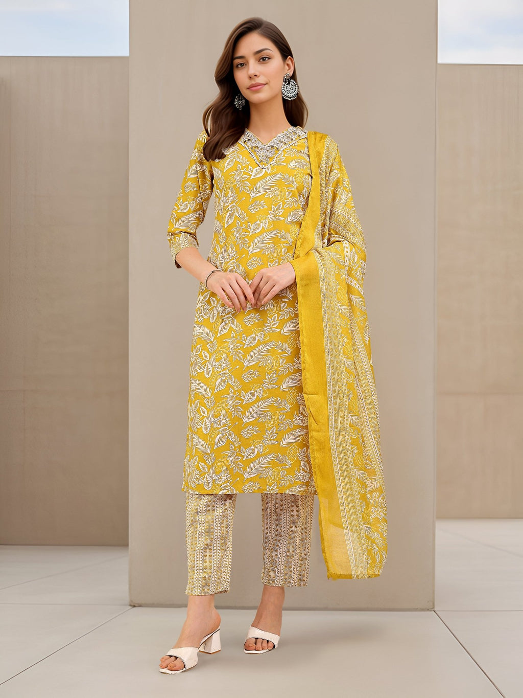 Yellow Printed Cotton Blend Ethnic Kurta Set — festive styling — casual cotton blend — Banwaree