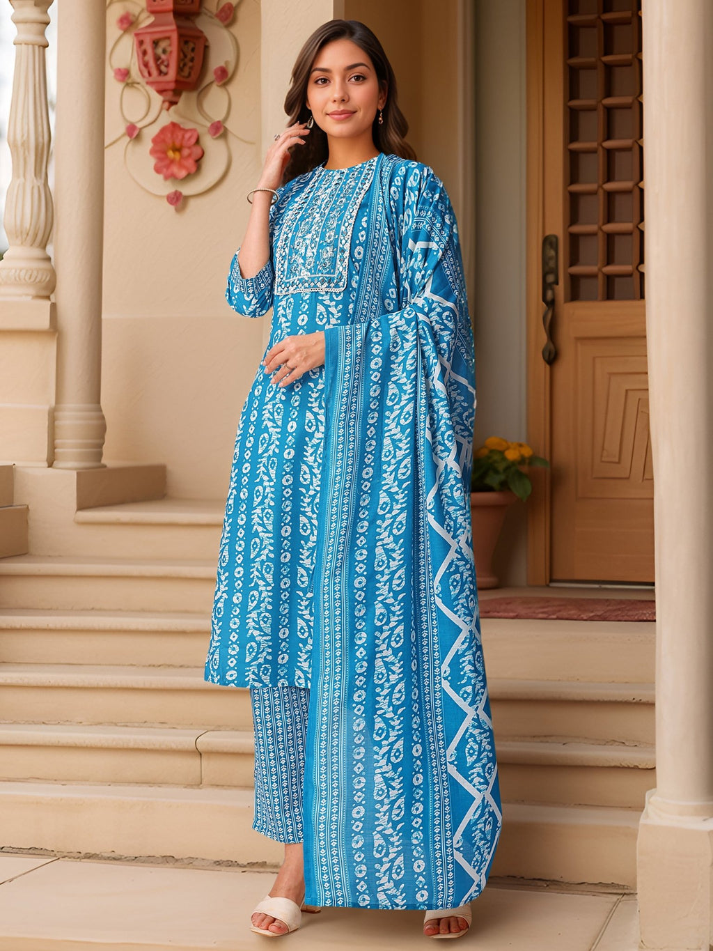 Ethnic Blue Pure Cotton Printed Kurta Set — front view — pure cotton ethnic wear women