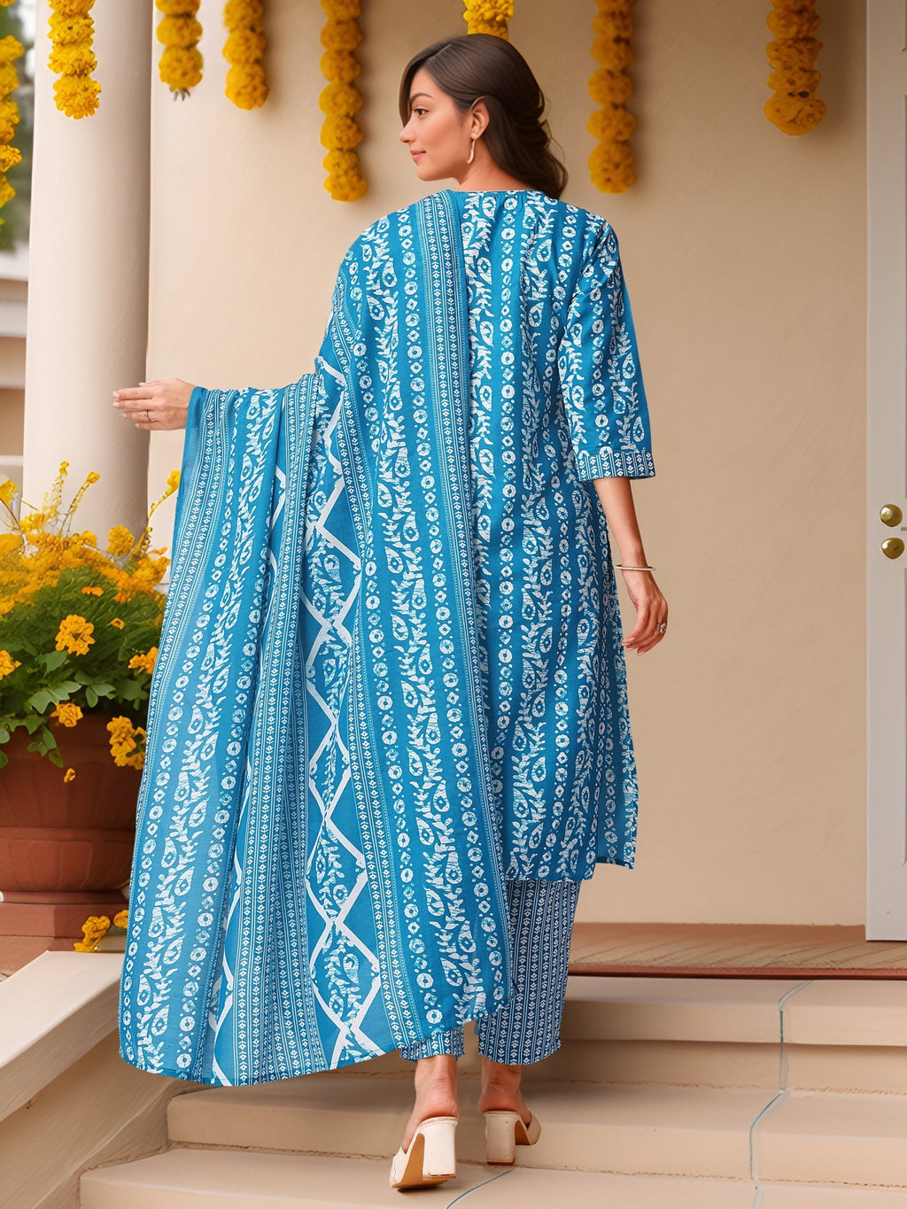 Ethnic Blue Pure Cotton Printed Kurta Set — side view — Blue Pure Cotton women — Banwaree