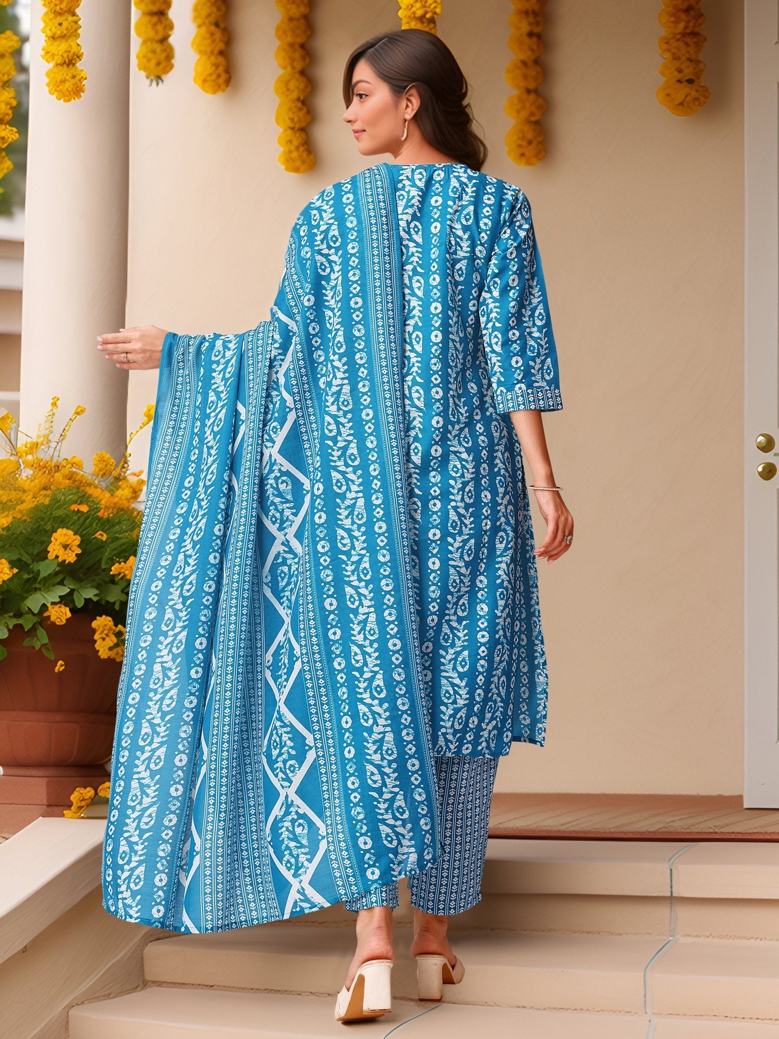 Ethnic Blue Pure Cotton Printed Kurta Set — side view — Blue Pure Cotton women — Banwaree