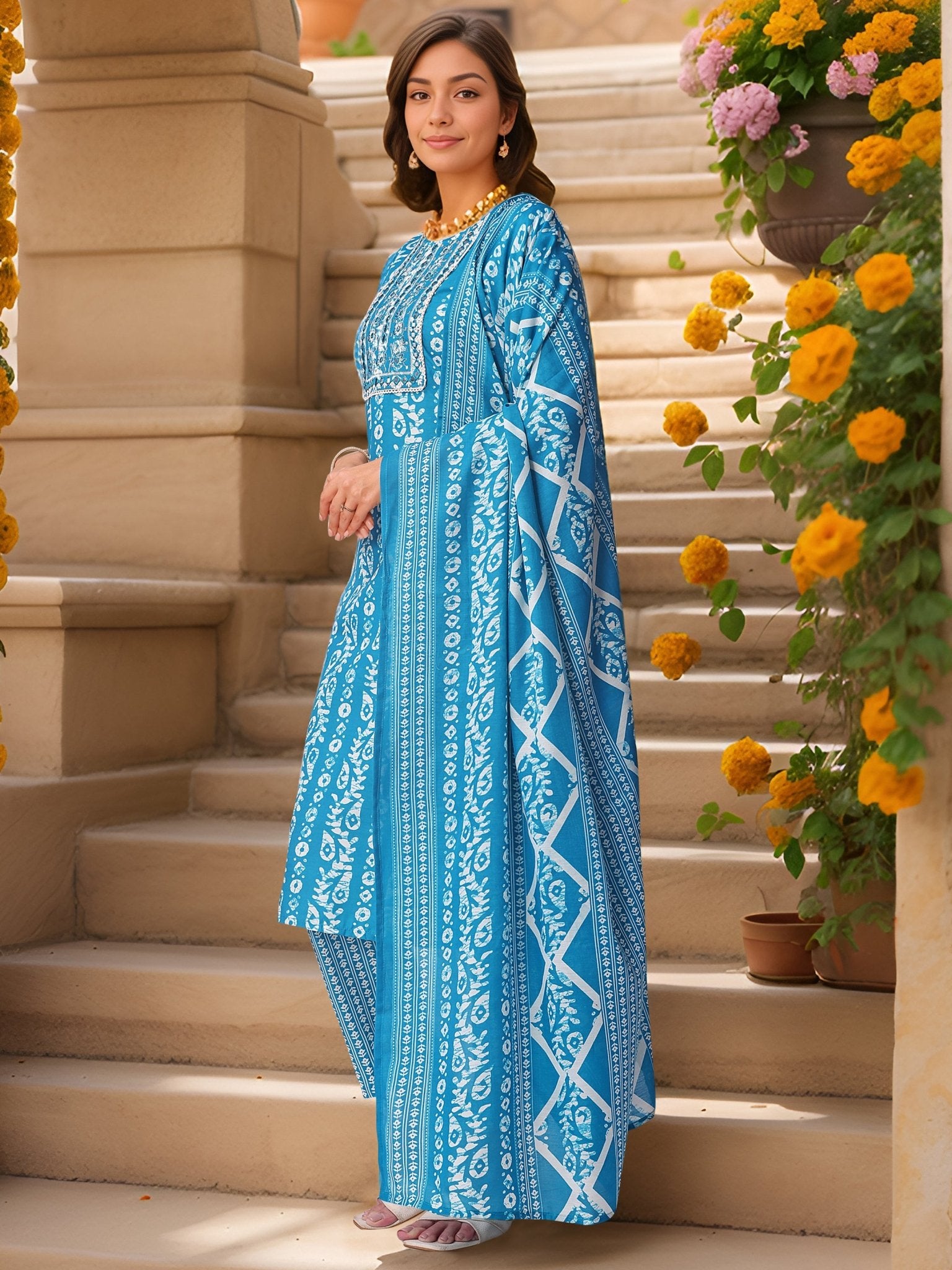 Ethnic Blue Pure Cotton Printed Kurta Set — back view with dupatta — Banwaree India