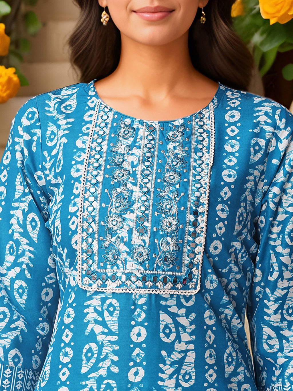 Ethnic Blue Pure Cotton Printed Kurta Set — fabric detail — Blue comfortable pure cotton