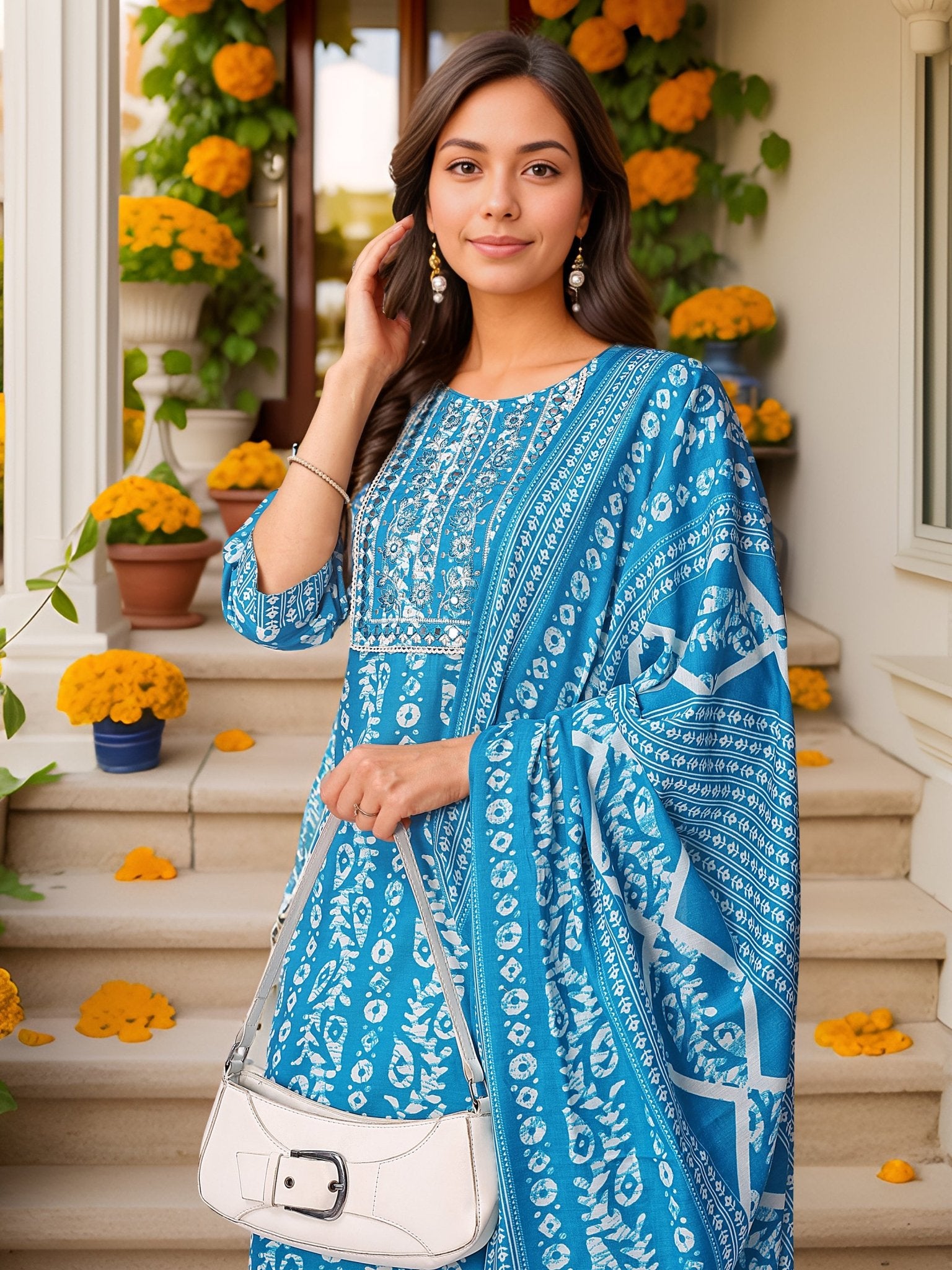 Ethnic Blue Pure Cotton Printed Kurta Set — dupatta close up — Blue Pure Cotton — Banwaree