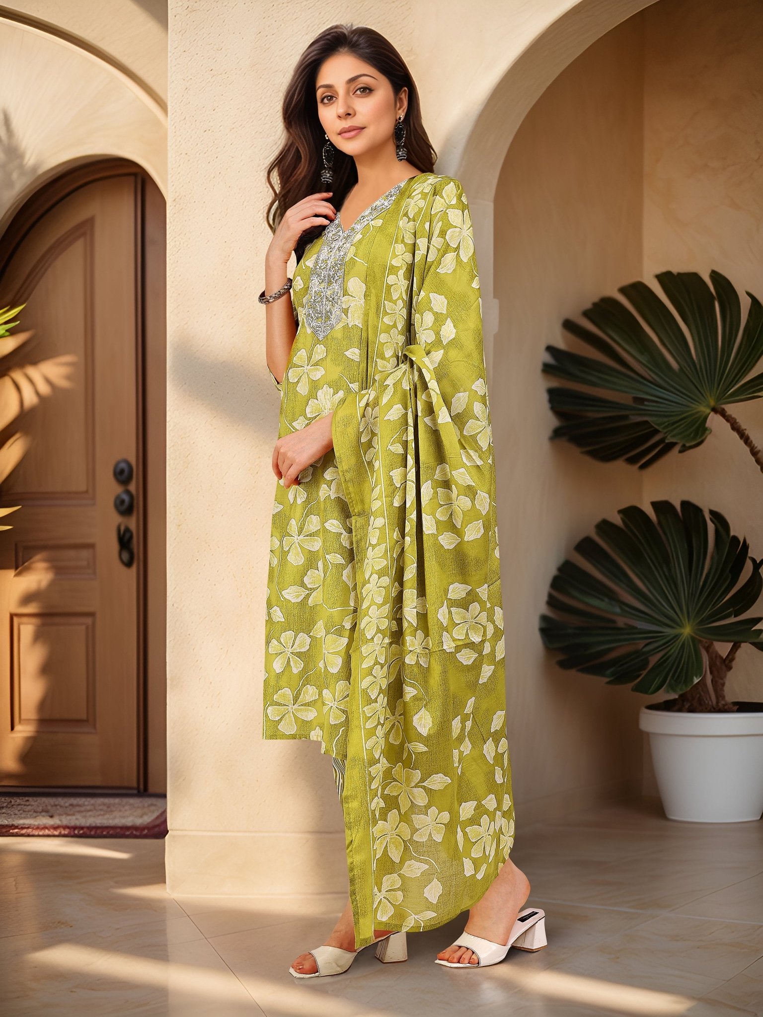 Olive Green Cotton Blend Kurta Set — side view — Green Cotton Blend women — Banwaree