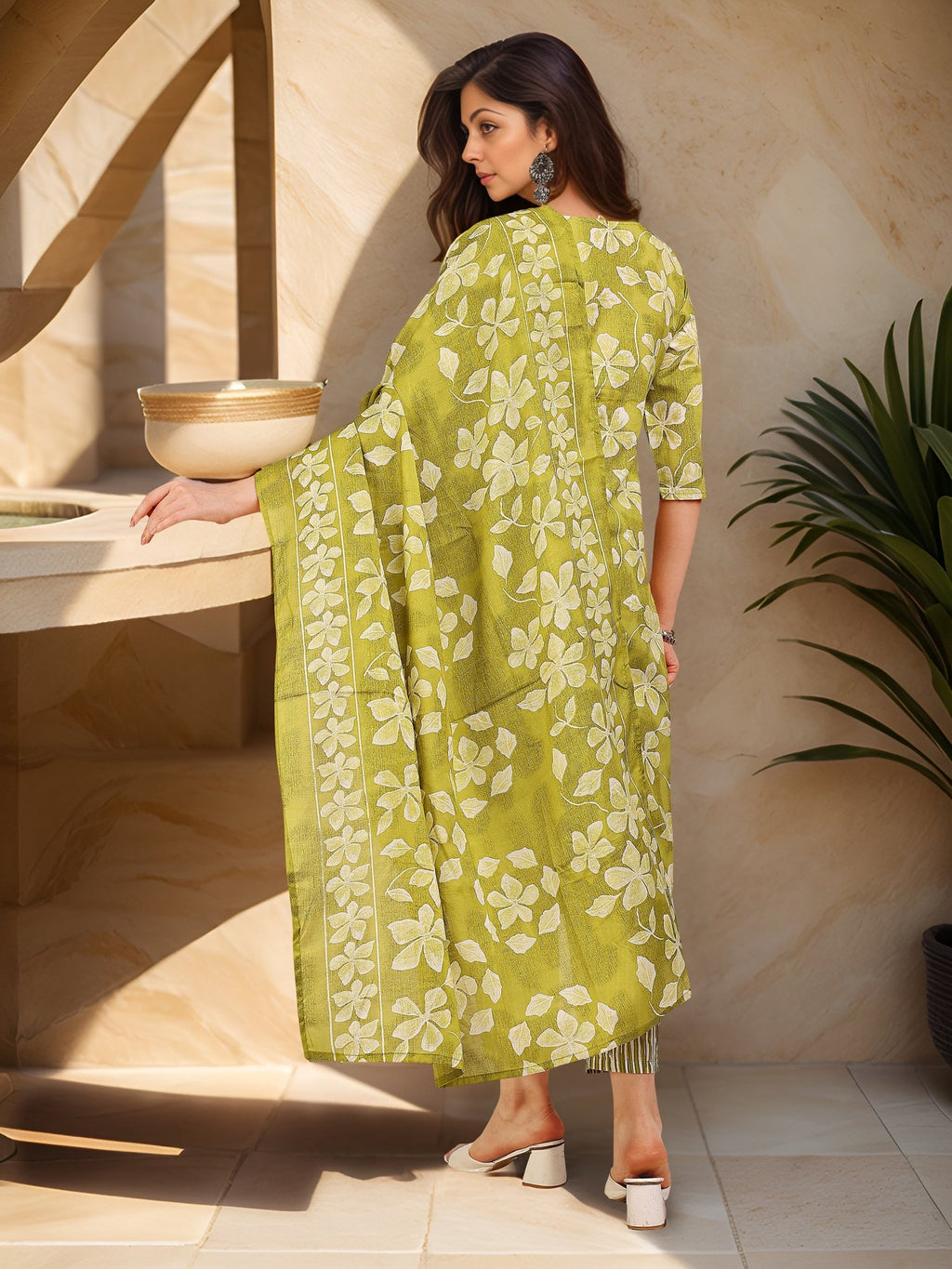 Olive Green Cotton Blend Kurta Set — back view with dupatta — Banwaree India