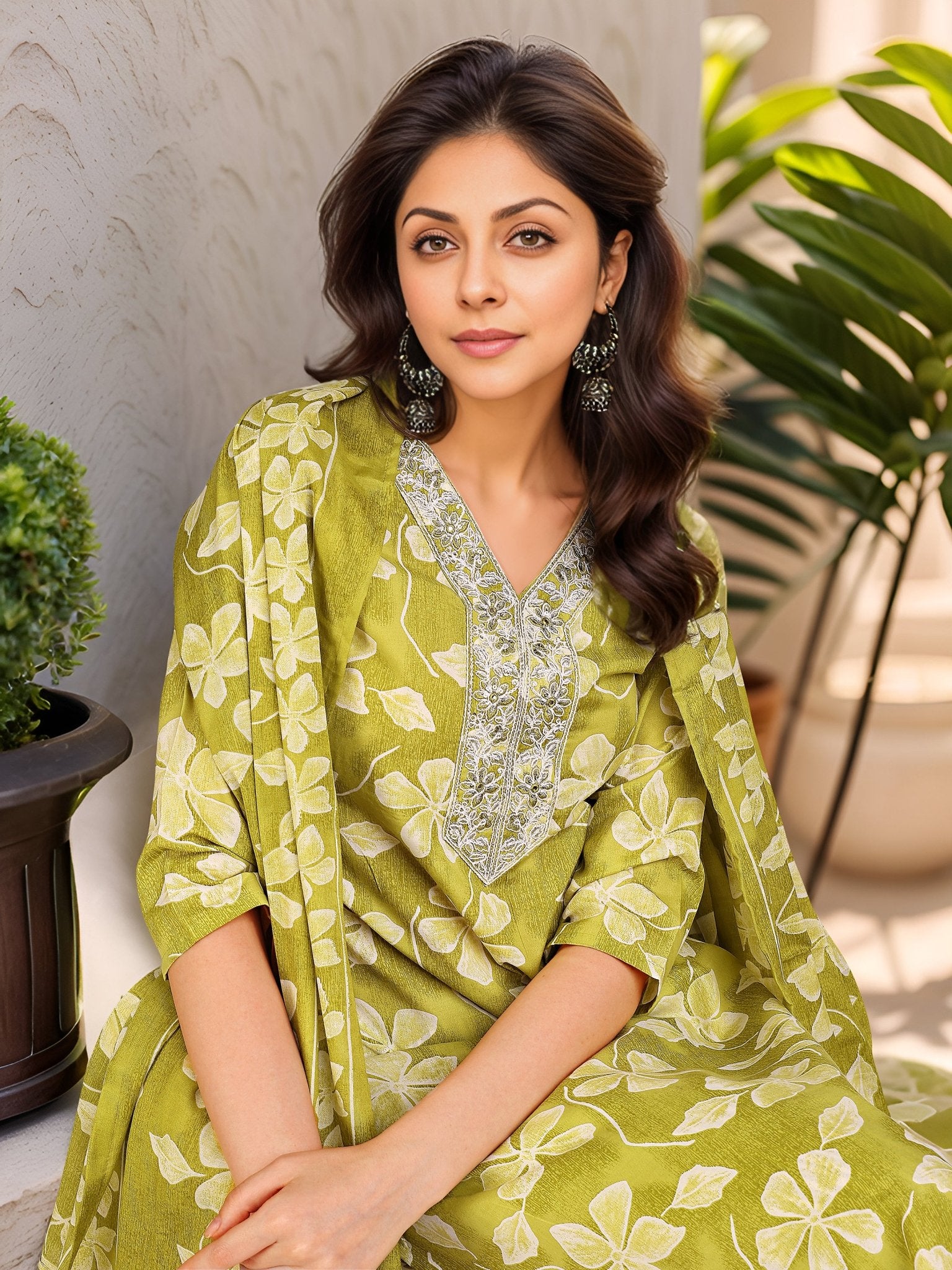 Olive Green Cotton Blend Kurta Set — dupatta close up — Green Cotton Blend — Banwaree