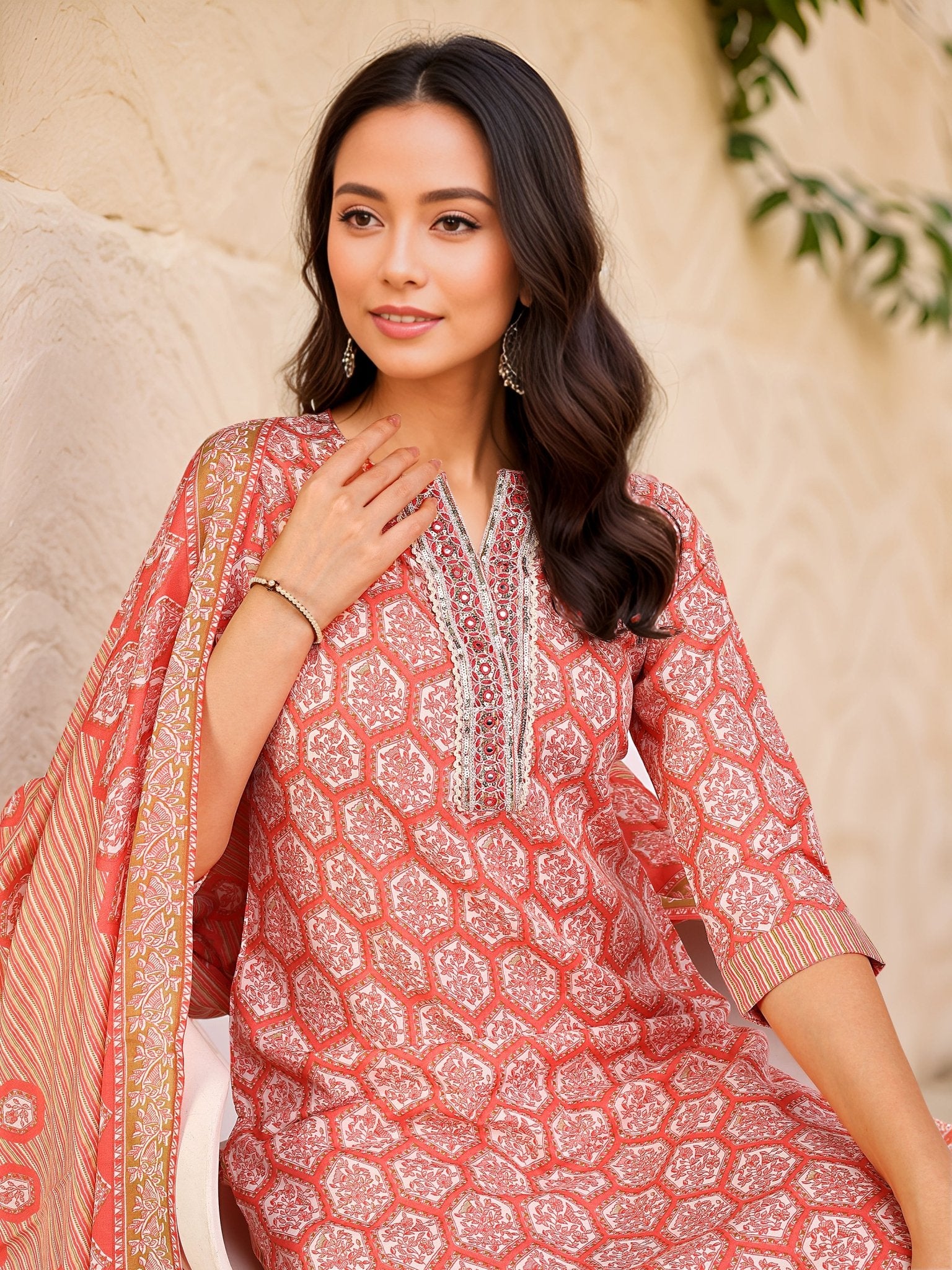 Pink Indian Kurta Set — dupatta close up — Pink Cotton Blend — Banwaree