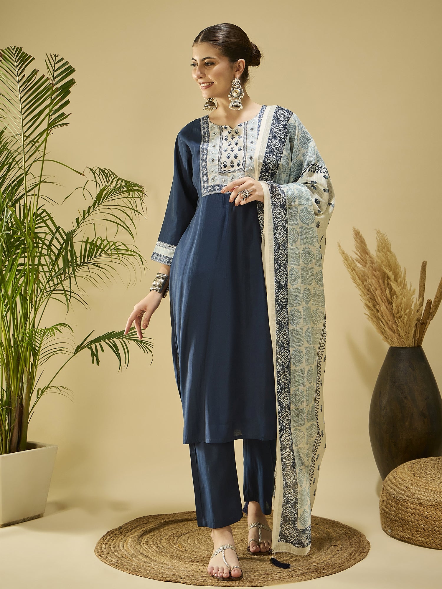 Blue Silk Blend Kurta Set with Printed Dupatta — front view — festive silk kurti with dupatta