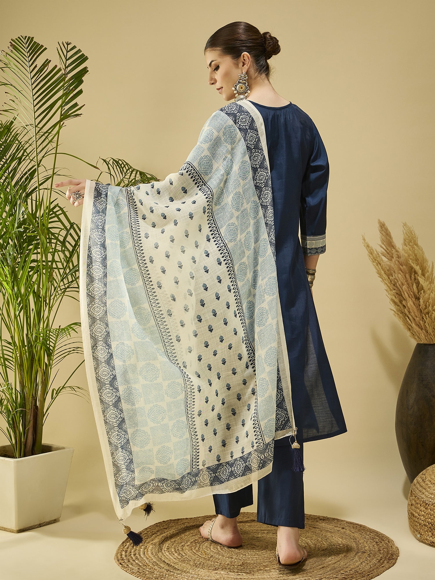 Blue Silk Blend Kurta Set with Printed Dupatta — back view with dupatta — Banwaree India