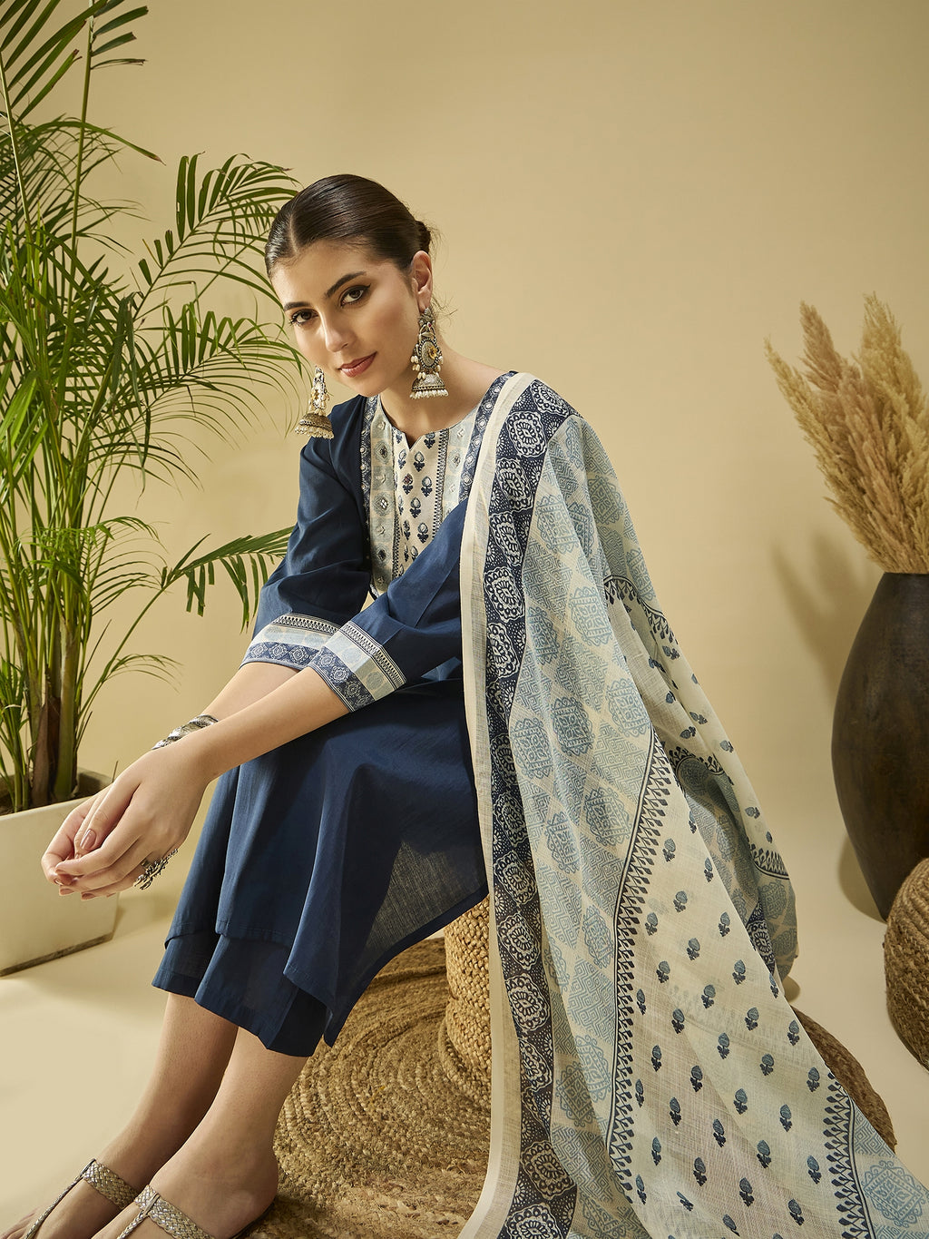 Blue Silk Blend Kurta Set with Printed Dupatta — fabric detail — Blue premium silk blend