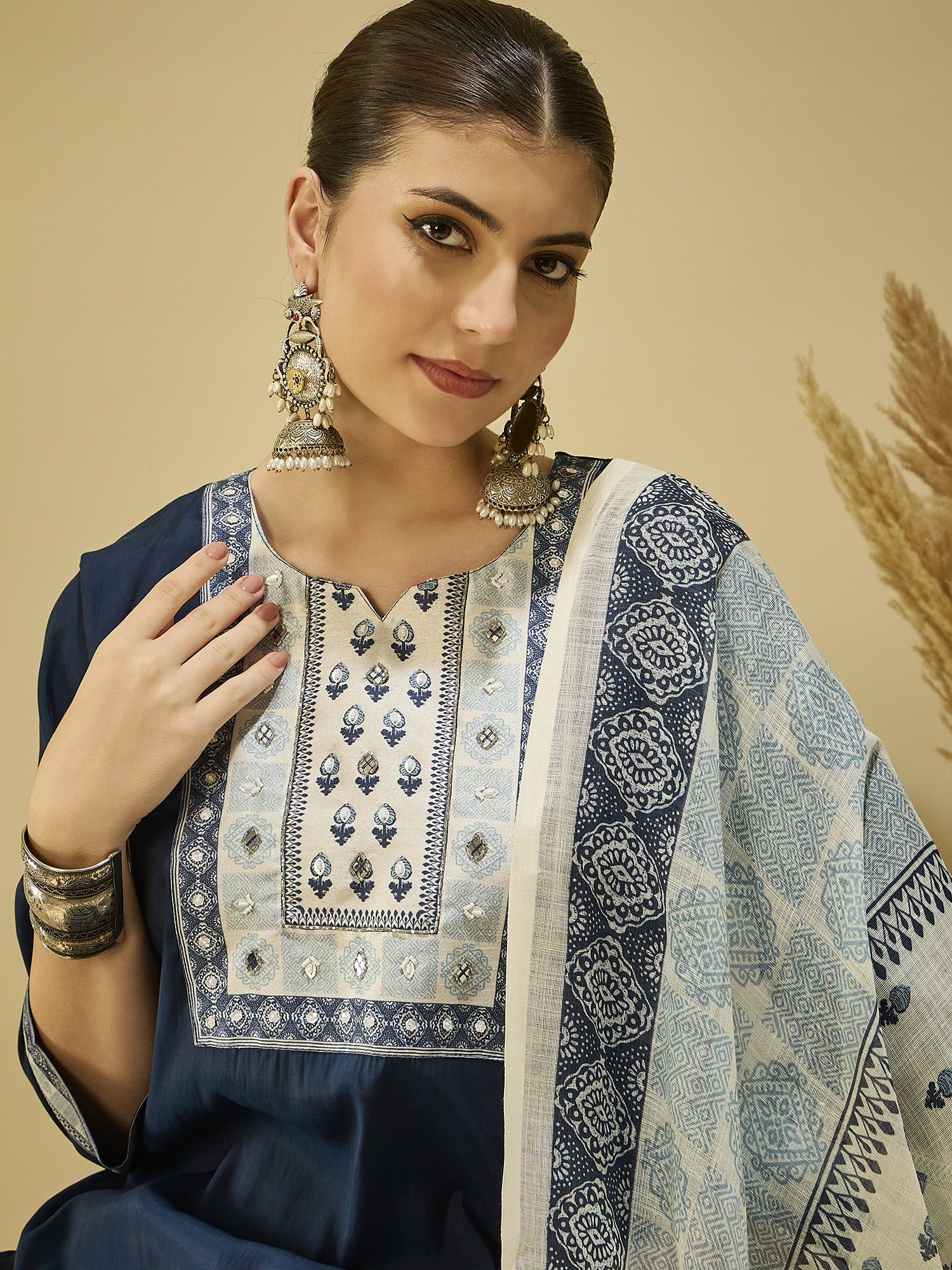 Blue Silk Blend Kurta Set with Printed Dupatta — everyday styling — graceful silk blend — Banwaree