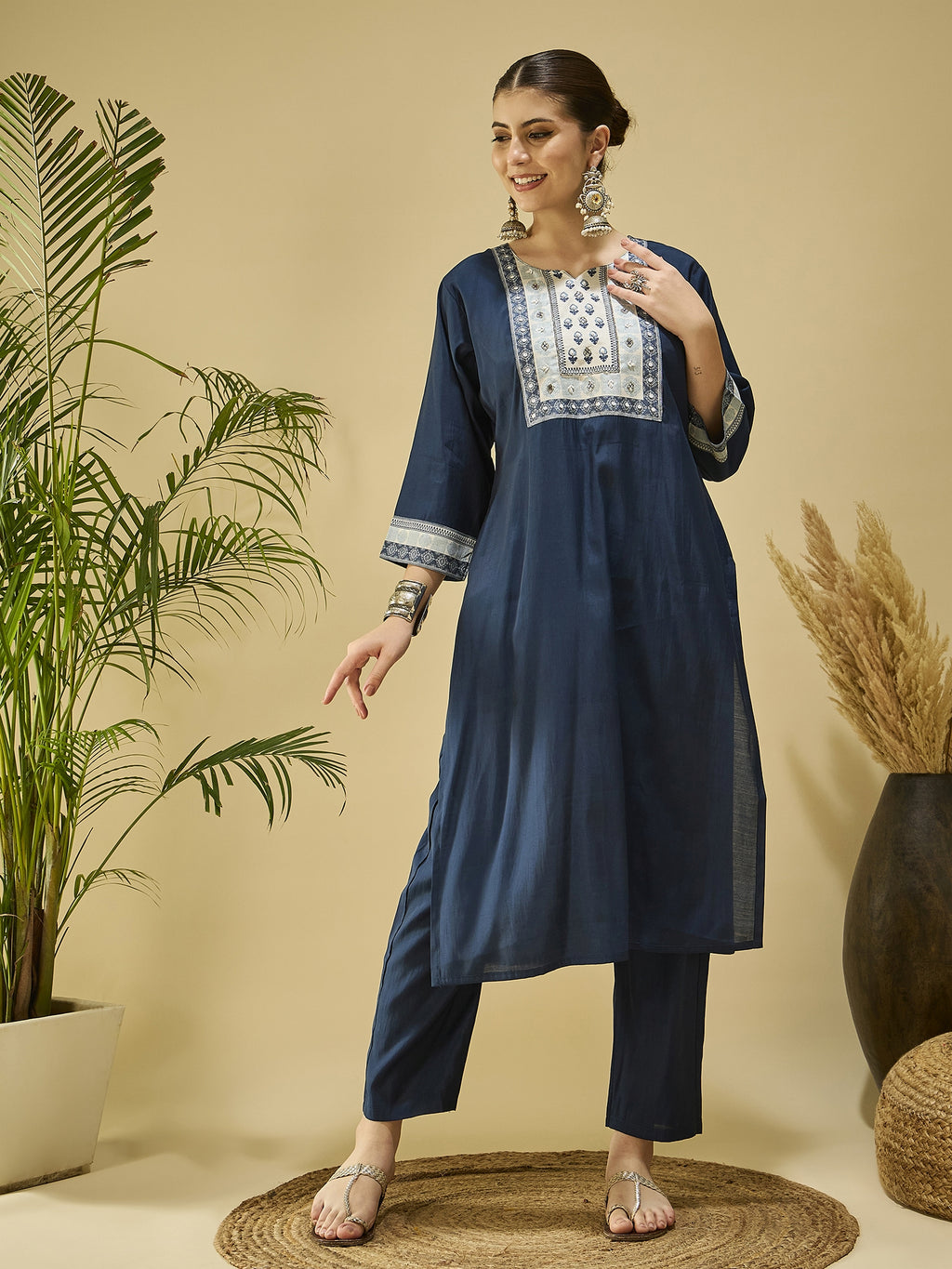 Blue Silk Blend Kurta Set with Printed Dupatta — complete 3-piece set — Blue Silk Blend
