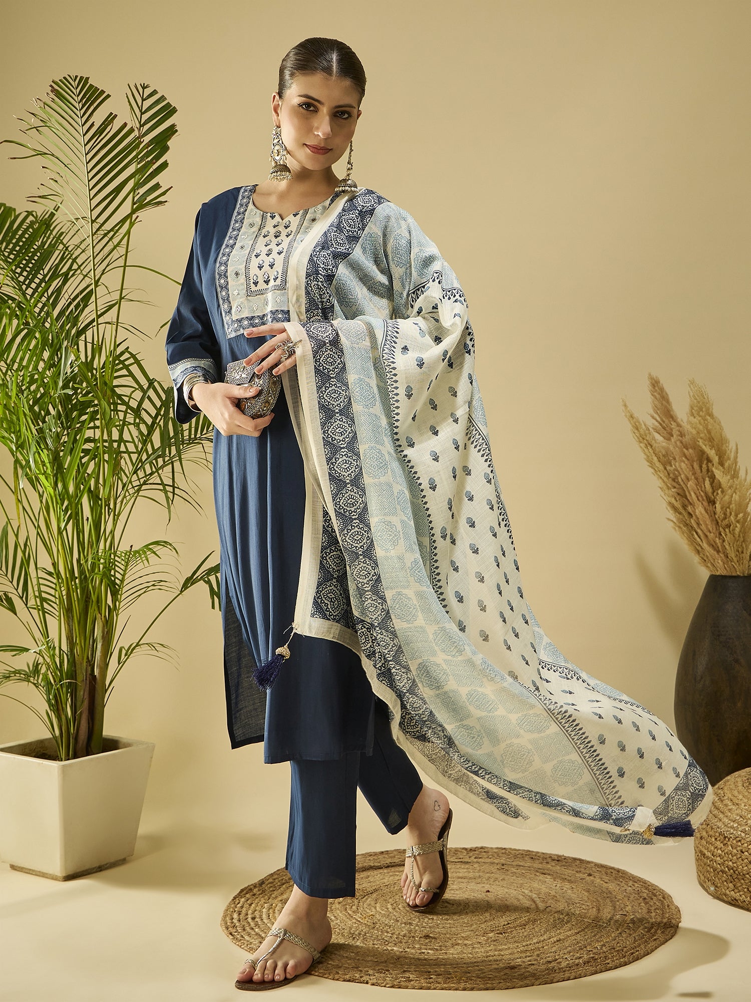 Blue Silk Blend Kurta Set with Printed Dupatta — flat lay — silk kurta set party wear — Banwaree India