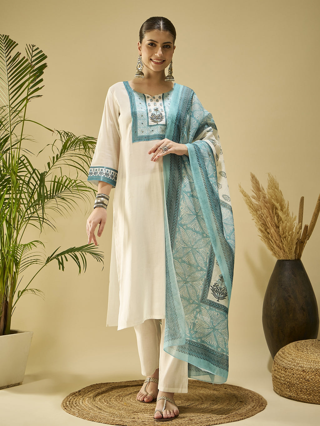 White Silk Blend Festive Kurta Set — front view — festive silk kurti with dupatta