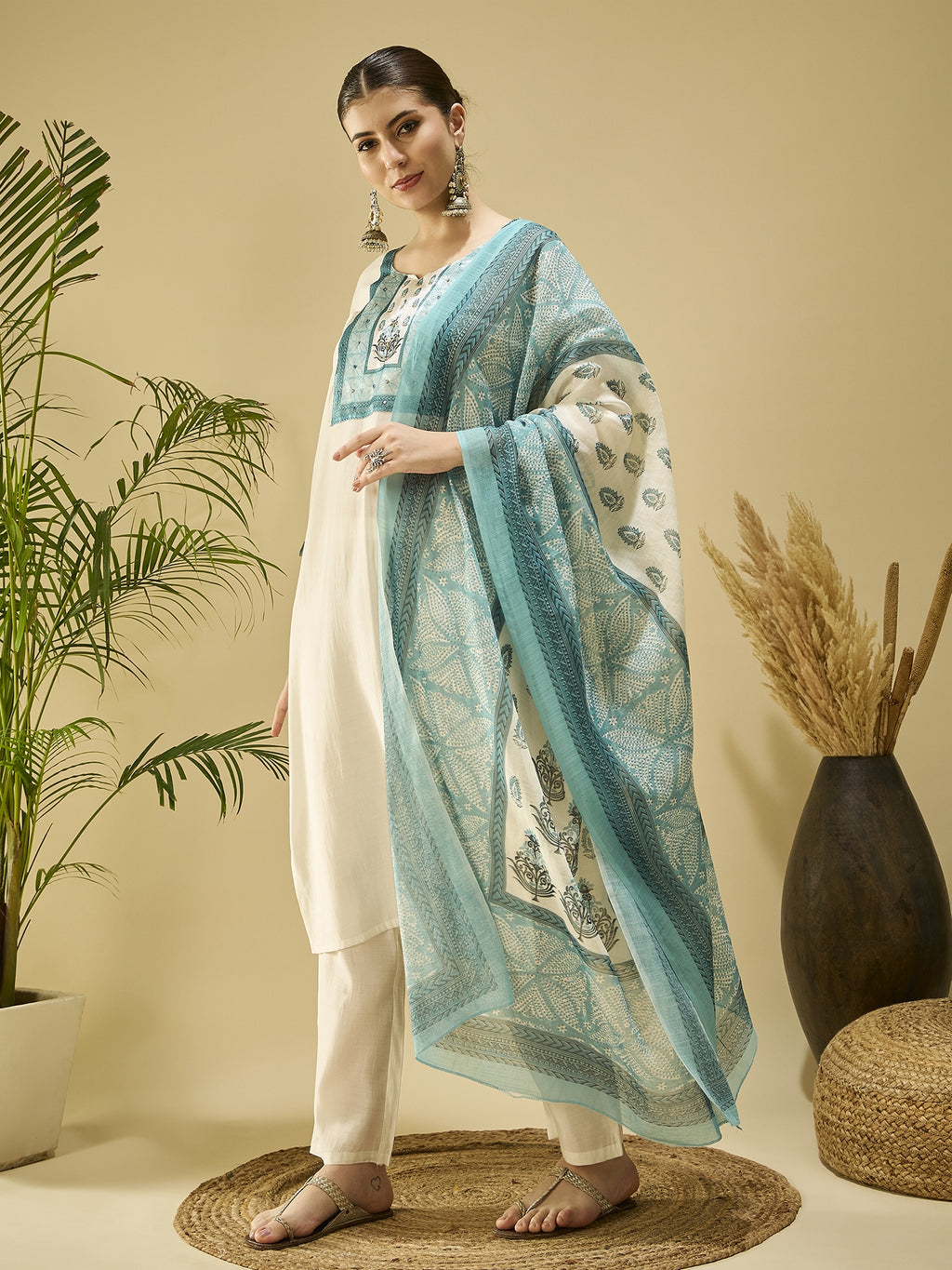 White Silk Blend Festive Kurta Set — side view — White Silk Blend women — Banwaree