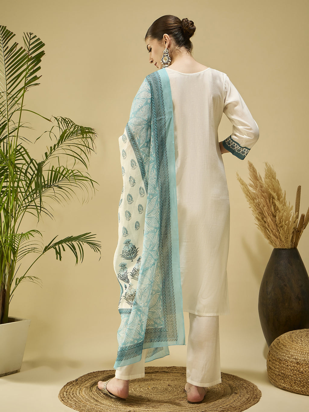 White Silk Blend Festive Kurta Set — back view with dupatta — Banwaree India
