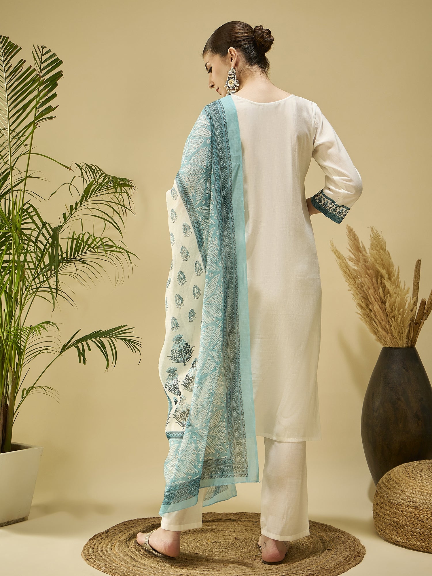 White Silk Blend Festive Kurta Set — back view with dupatta — Banwaree India