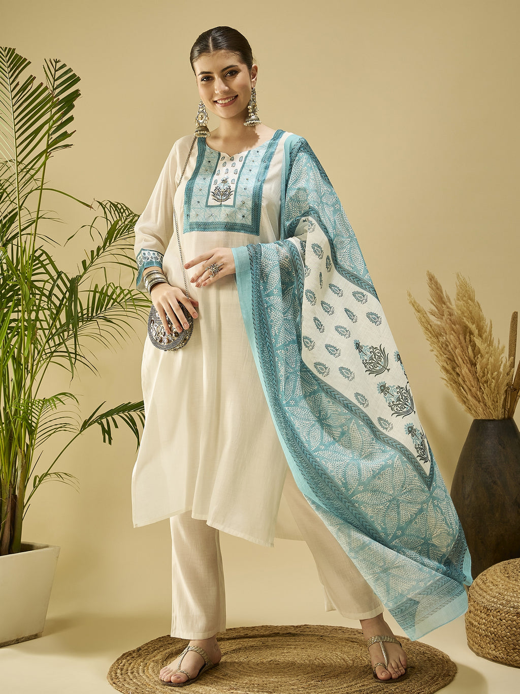 White Silk Blend Festive Kurta Set — fabric detail — White premium silk blend