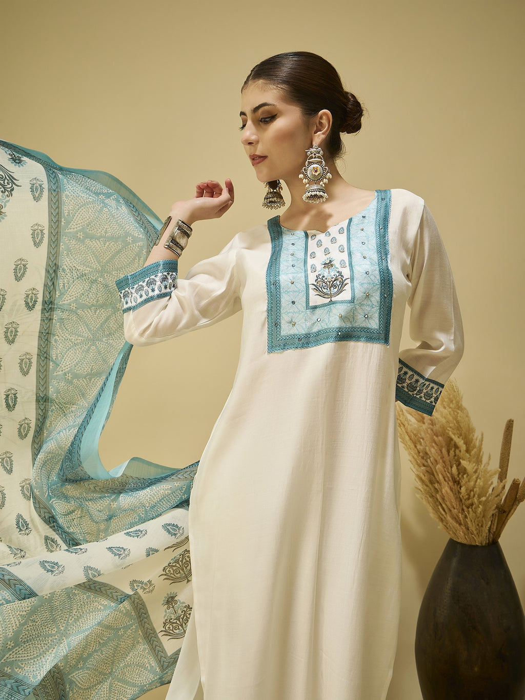 White Silk Blend Festive Kurta Set — flat lay — silk kurta set party wear — Banwaree India