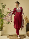 Maroon Printed Kurta Set — front view — festive silk kurti with dupatta