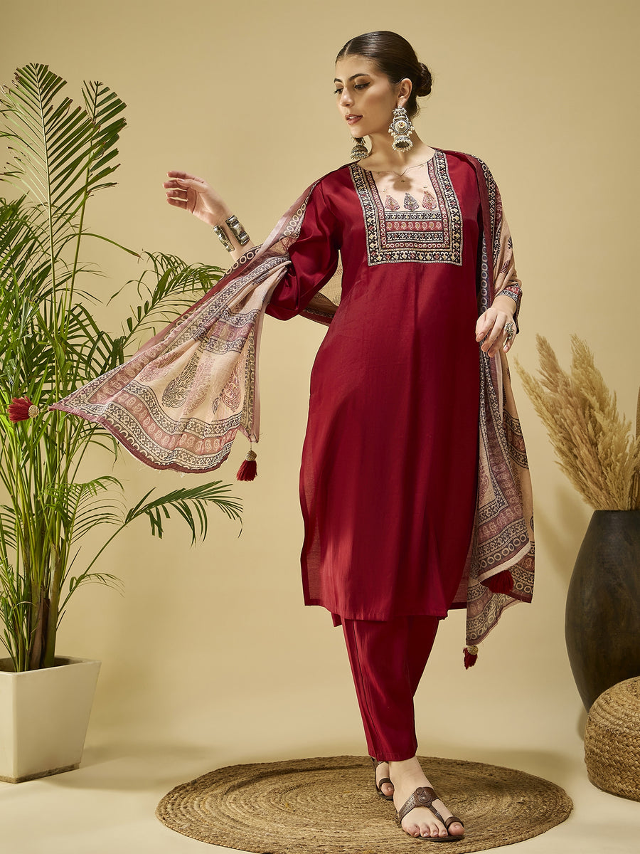 Maroon Printed Kurta Set with Dupatta for Women — Silk Blend