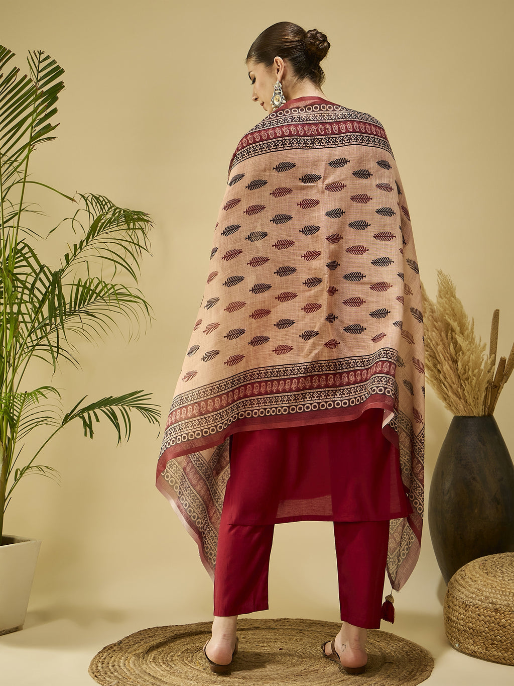 Maroon Printed Kurta Set — back view with dupatta — Banwaree India