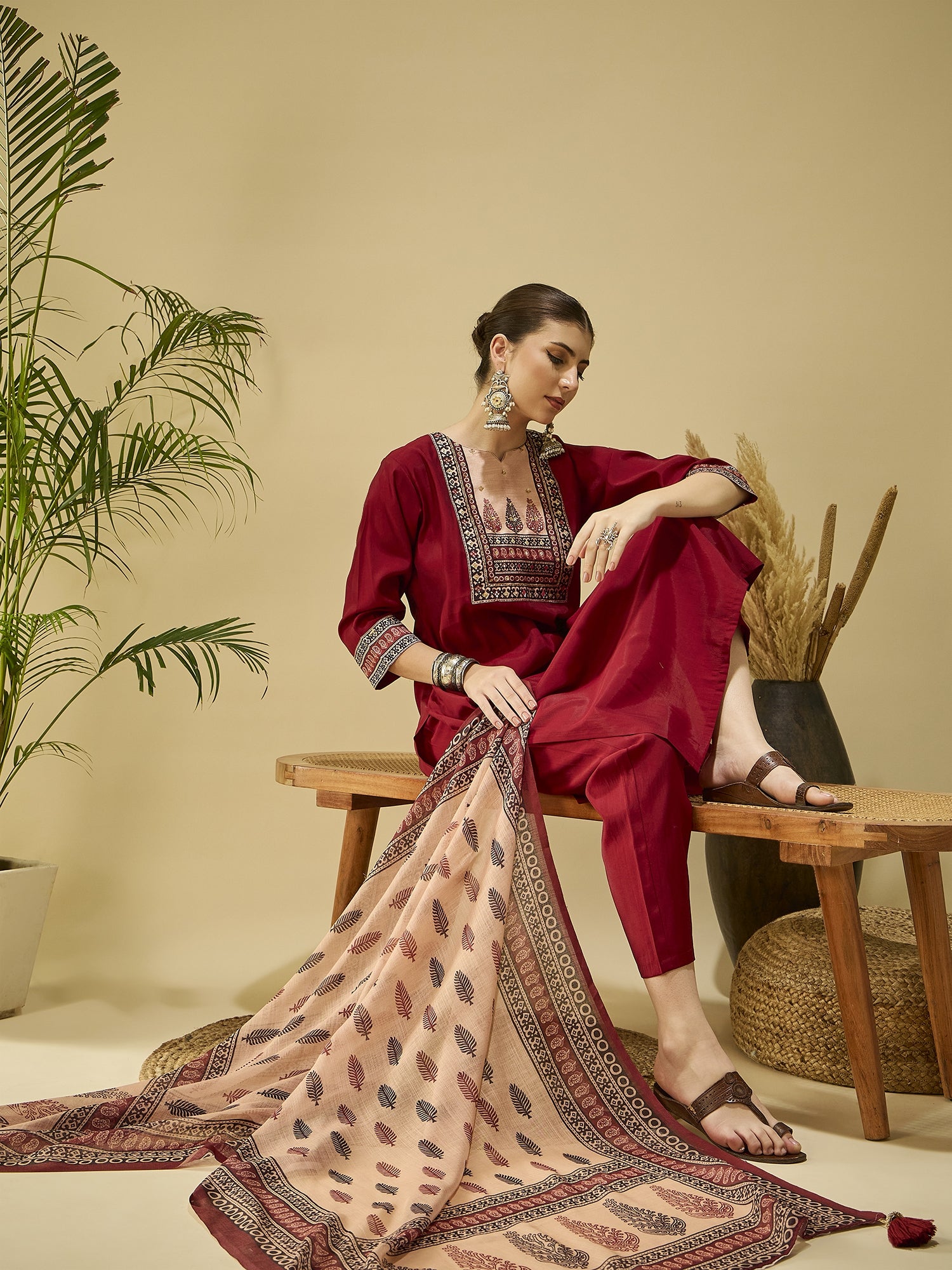 Maroon Printed Kurta Set — fabric detail — Maroon premium silk blend