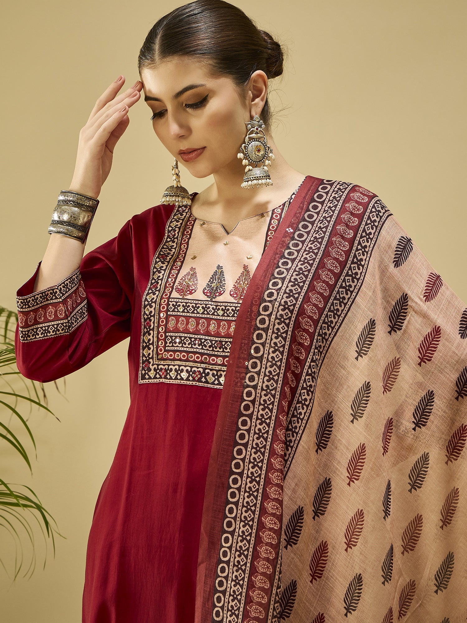 Maroon Printed Kurta Set — festive styling — graceful silk blend — Banwaree