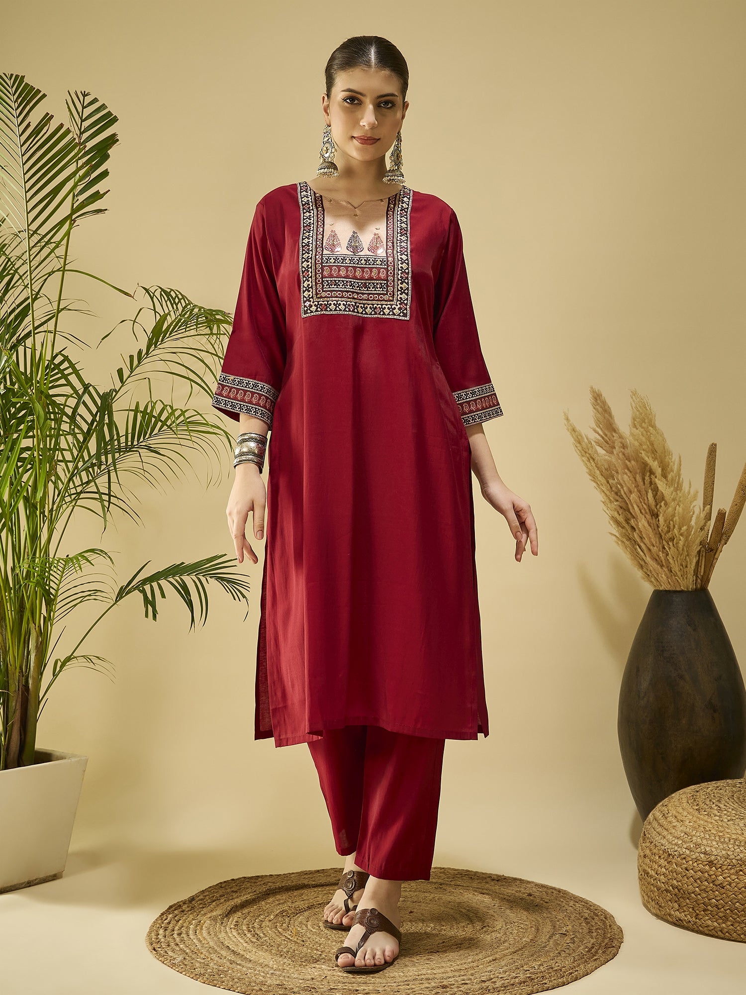 Maroon Printed Kurta Set — complete 3-piece set — Maroon Silk Blend
