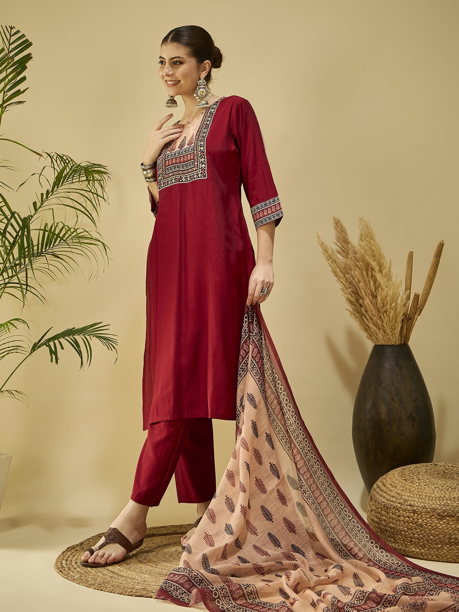 Maroon Printed Kurta Set — flat lay — silk kurta set party wear — Banwaree India
